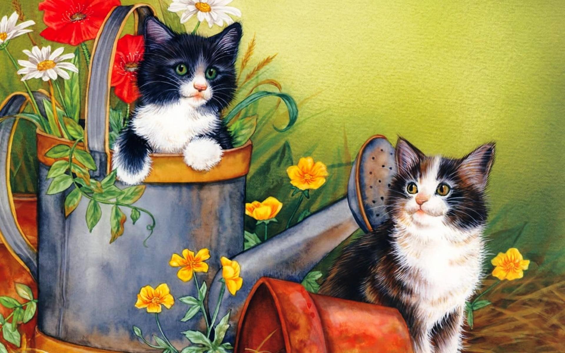 1080P, near, kittens, 3d and abstract, two, can, garden, watering, painting, playing, nice, HD Wallpaper