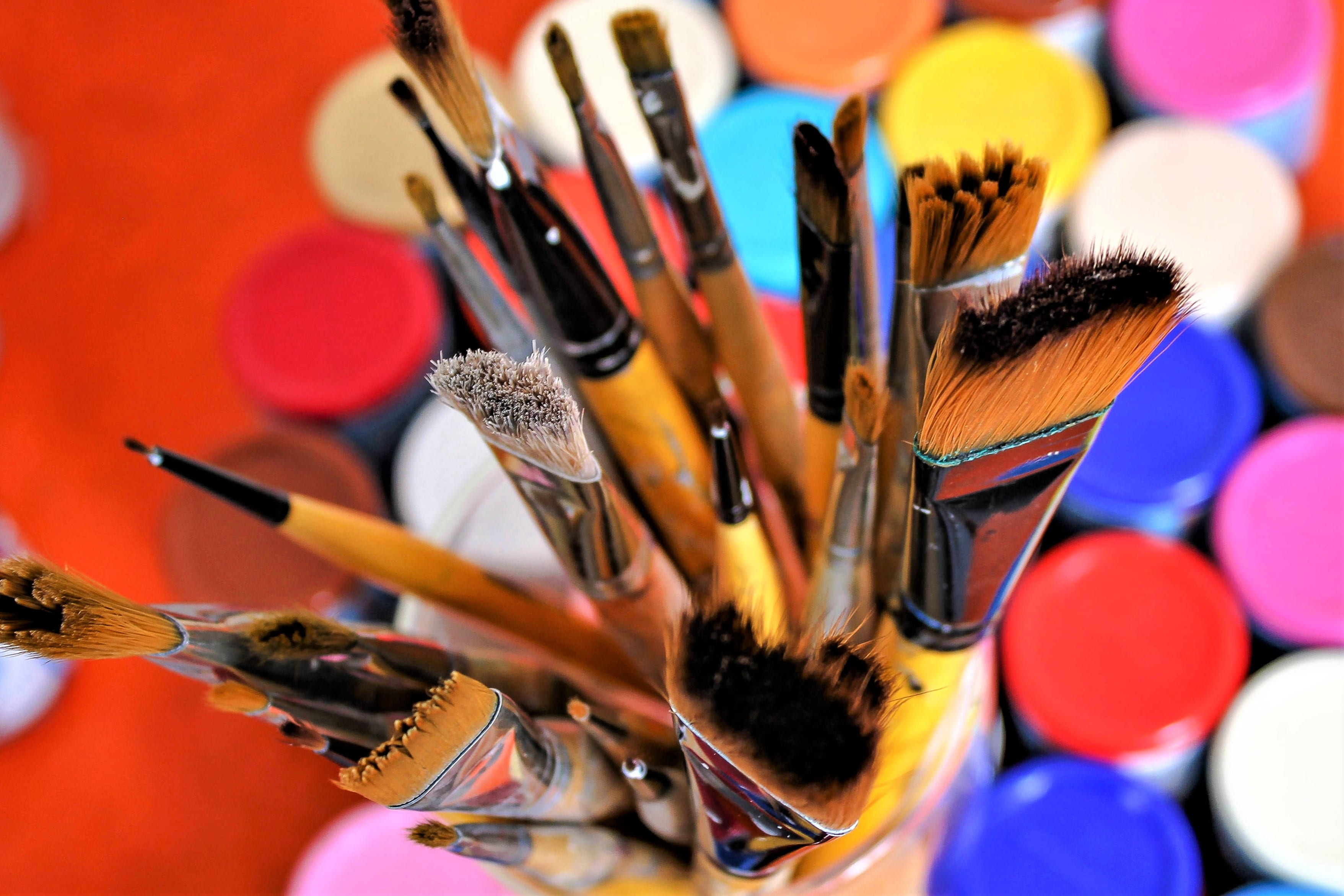 set, extreme close-up, mix, tools, no people, painting, palette, yellow, 2K, art and craft equipment, art and craft, choice, cans of paint, creative, handled, HD Wallpaper