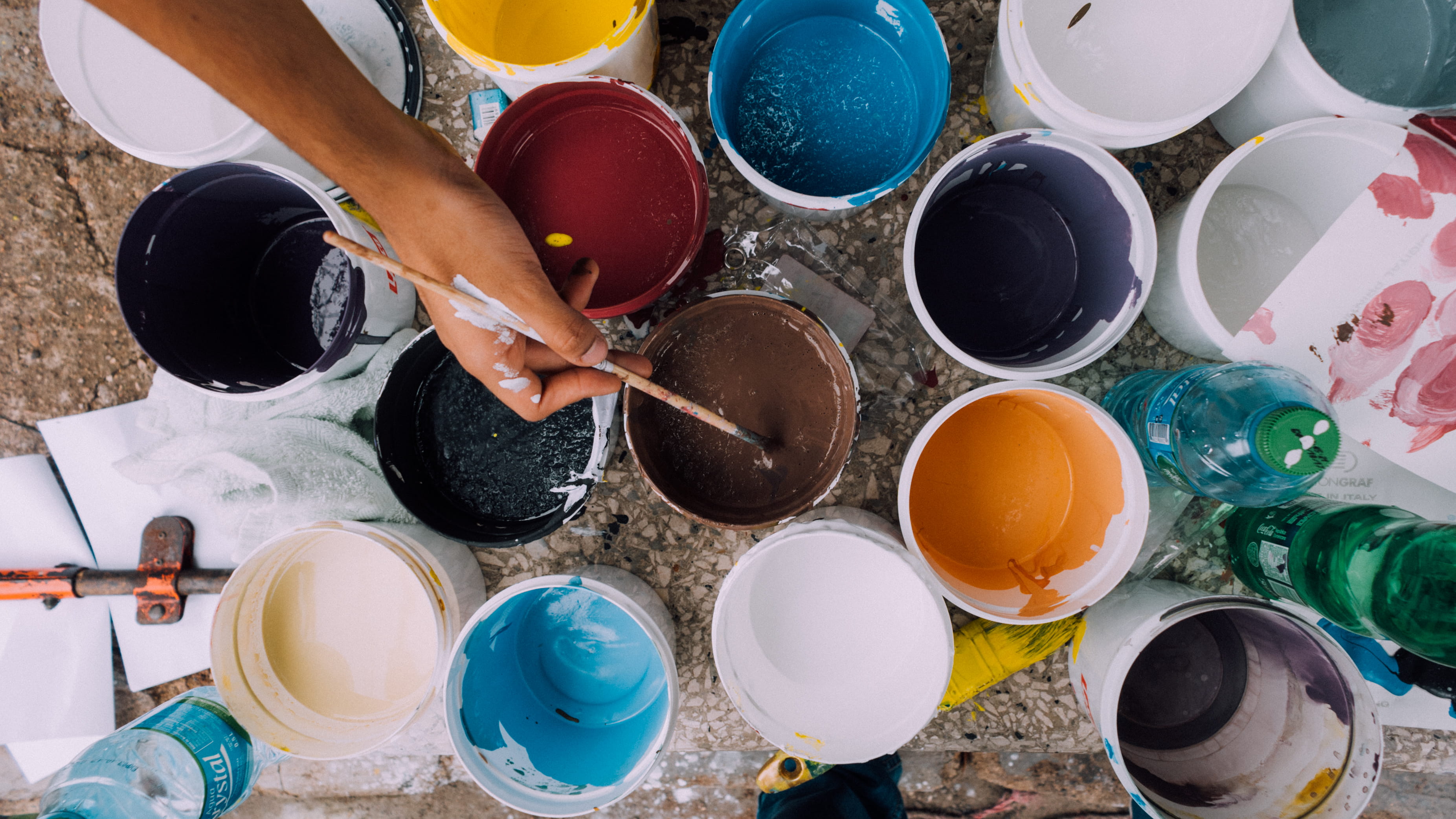 brush, still life, bowl, container, creativity, assorted, paintbrush, paint, color, indoors, art and craft equipment, egg, multi colored, paint can, messy, HD Wallpaper