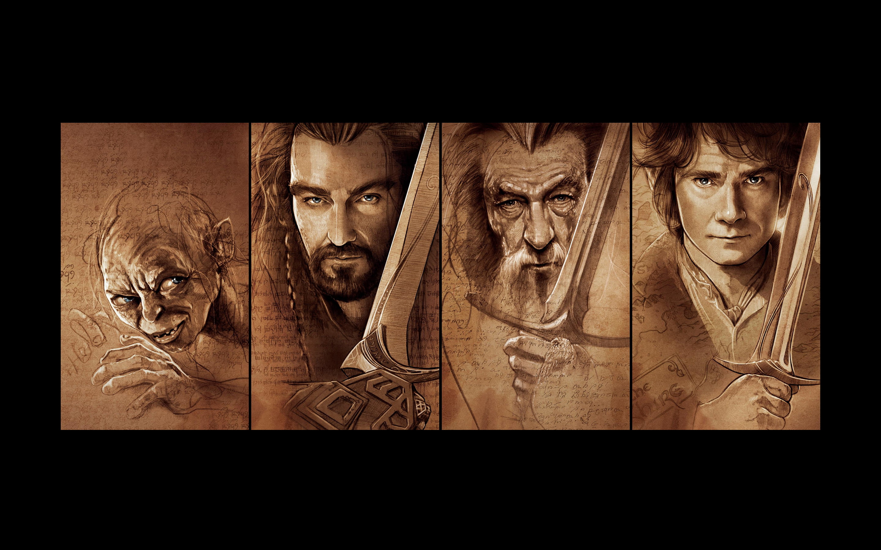 2K, illustrations, close-up, digital composite, portrait, The Hobbit, art and craft, lord, character, indoors, representation, no people, four, Gollum, HD Wallpaper