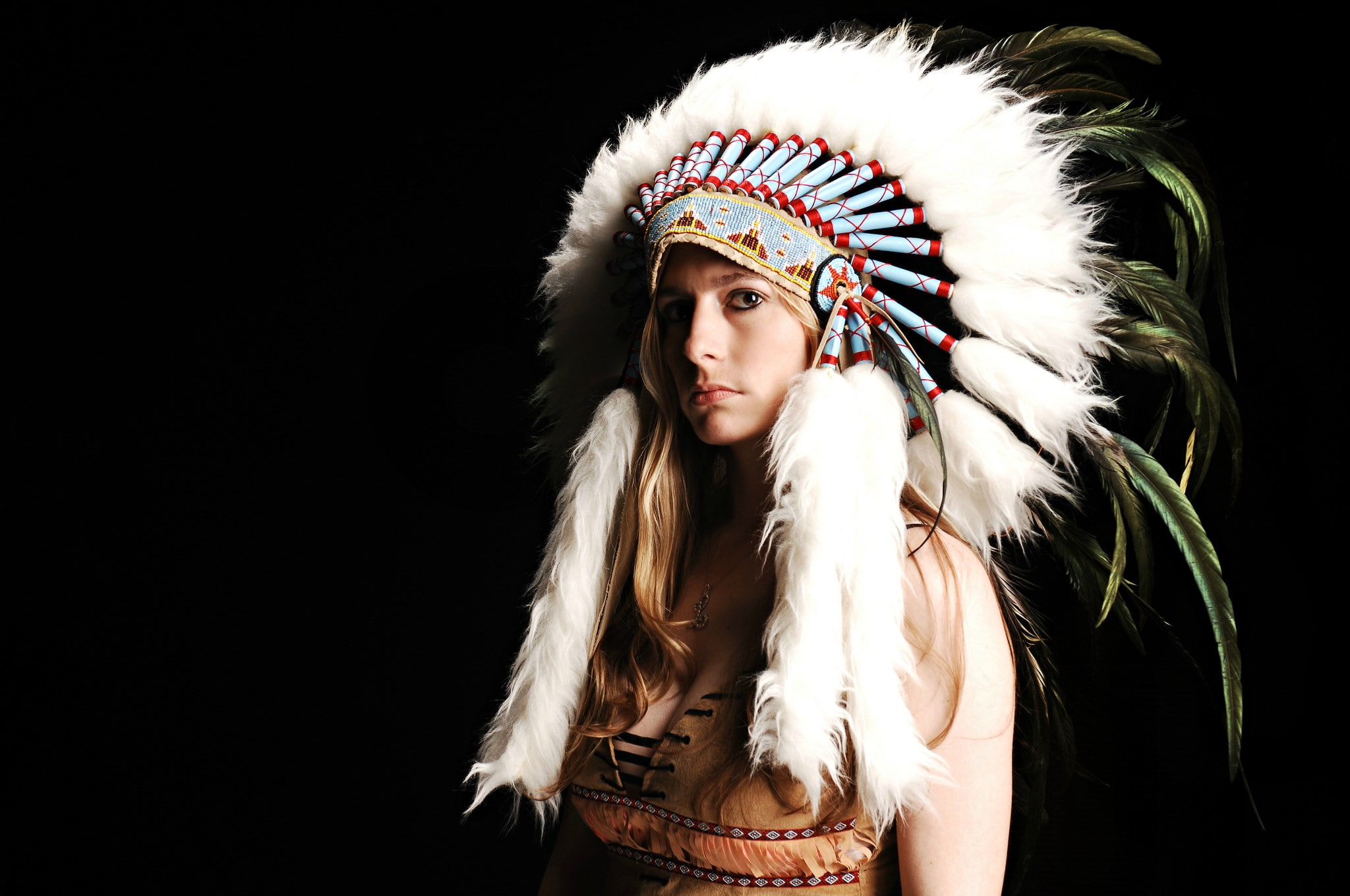 studio shot, headwear, feather, hairstyle, adult, beautiful woman, native american, one person, women, black background, 1080P, standing, looking at camera, HD Wallpaper