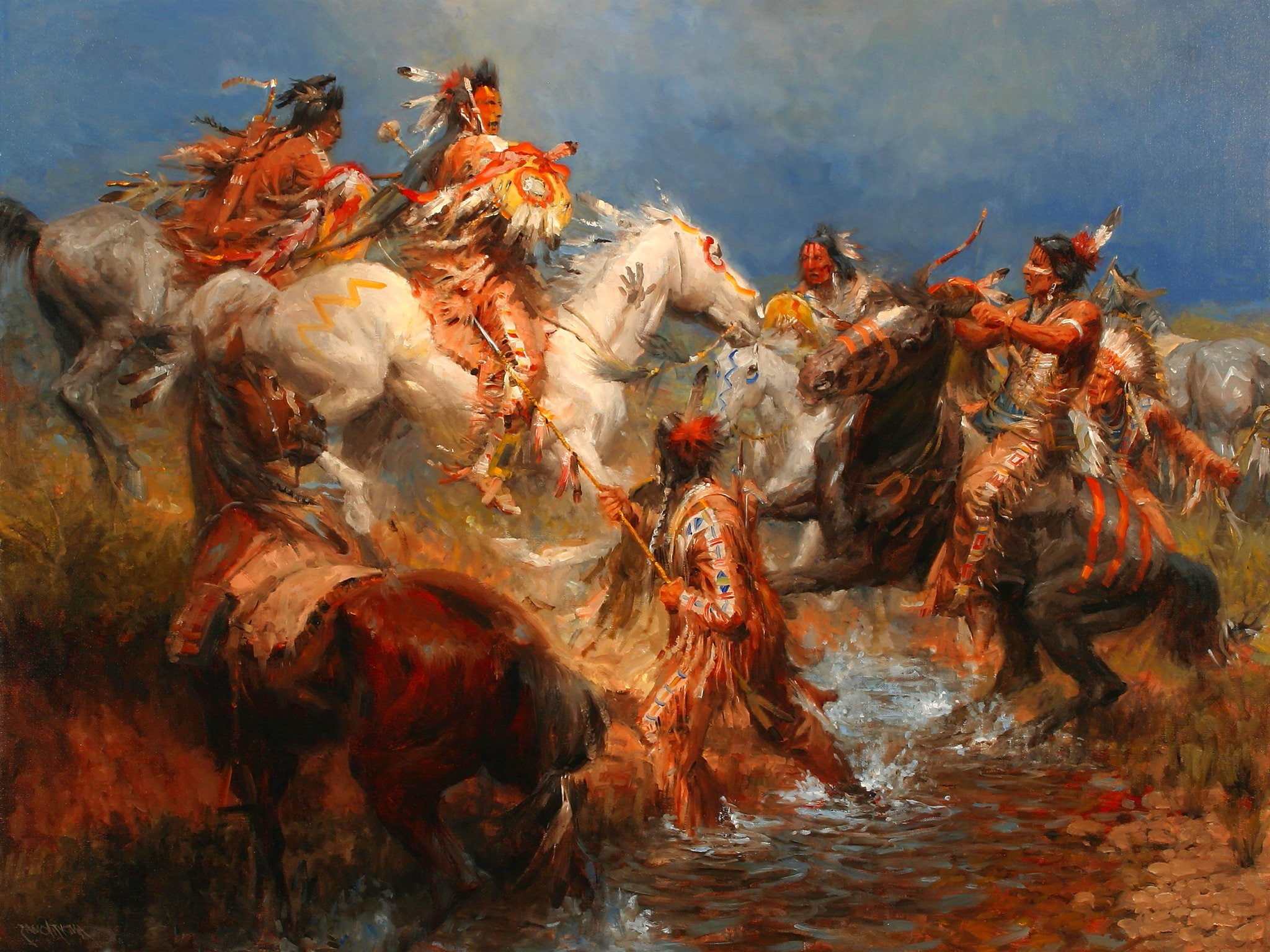 1080P, warrior, native, art, artwork, western, american, painting, indian, people, HD Wallpaper