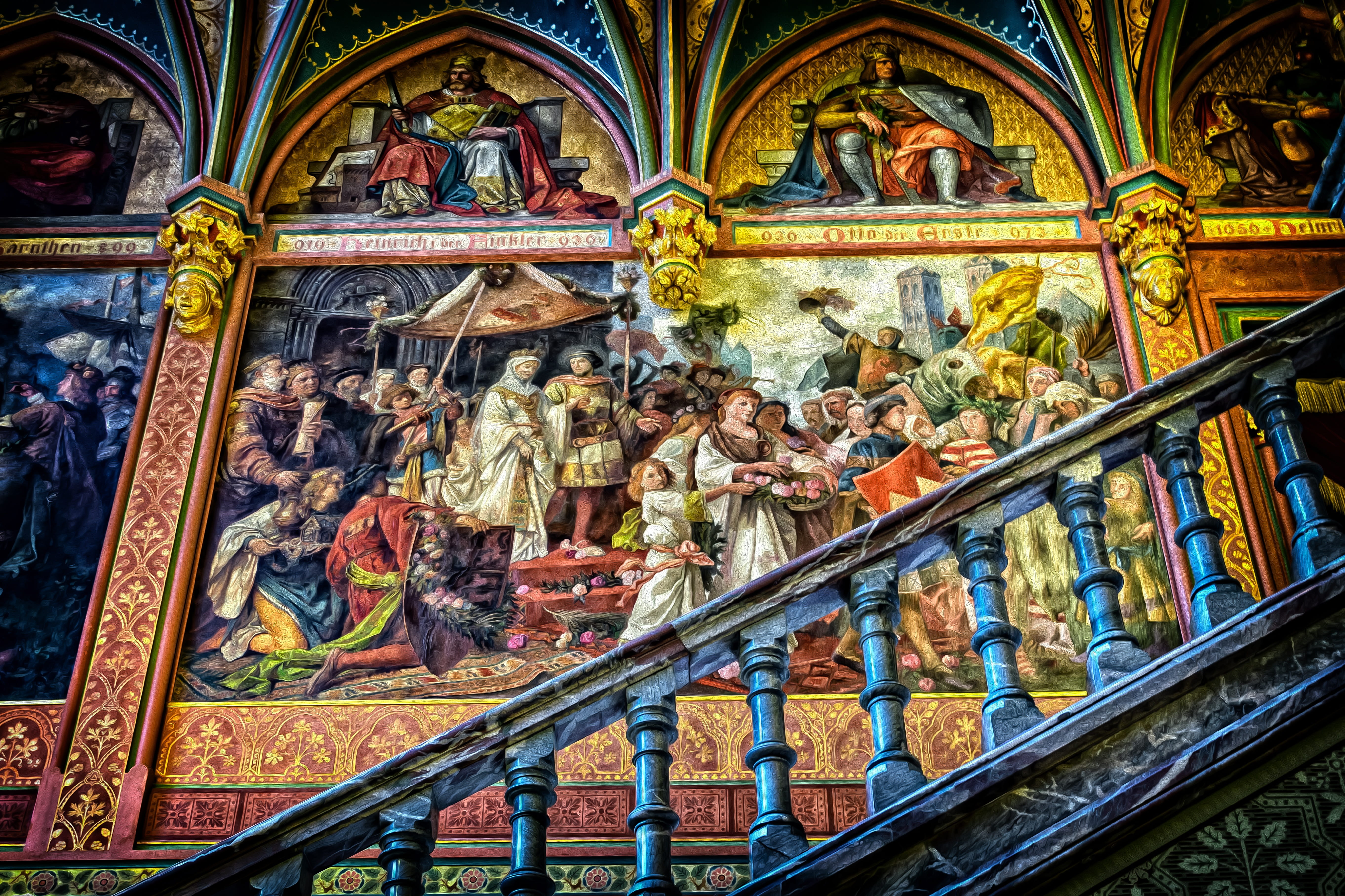 mural, scene, colorful, design, religious, 5K, painting, art, no people, place of worship, spirituality, male likeness, built structure, stairs, ceiling, HD Wallpaper