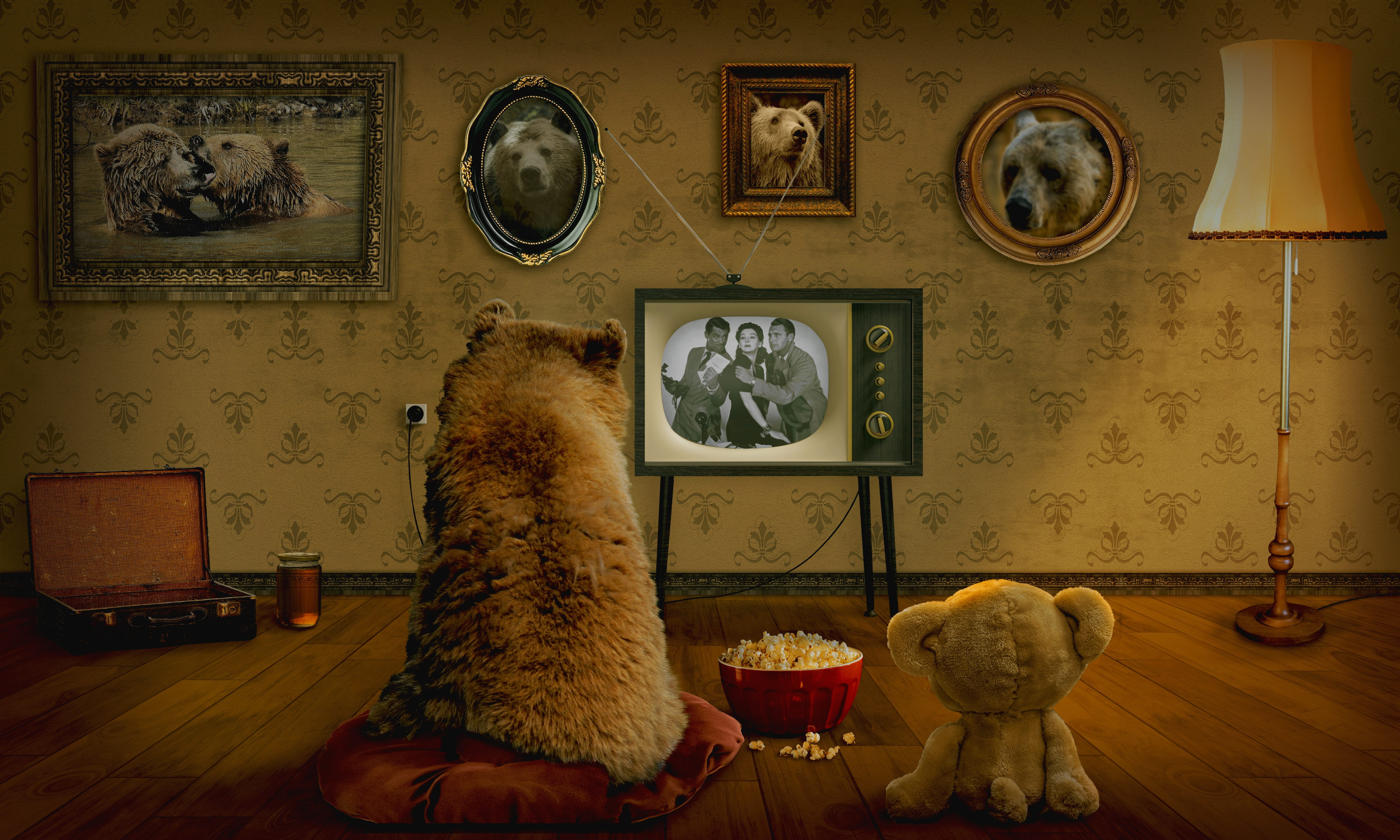representation, indoors, brown, frame, watching, paintings, surreal, entertainment, text, teddy, table, furniture, popcorn, illuminated, television, decoration, HD Wallpaper