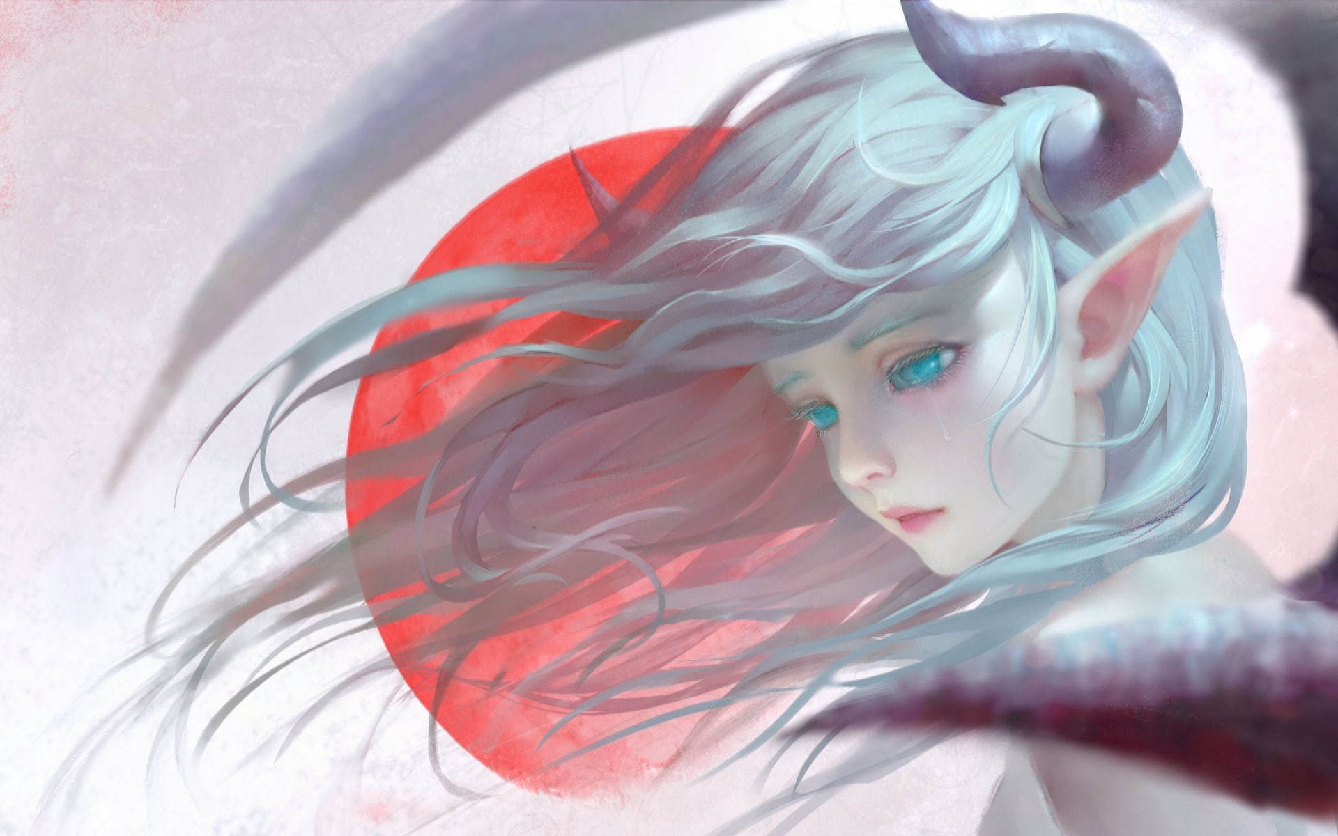1080P, tears, looking, red, portrait, realistic, contemplation, cute, childhood, hairstyle, horns, looking at camera, one person, human face, child, girls, HD Wallpaper