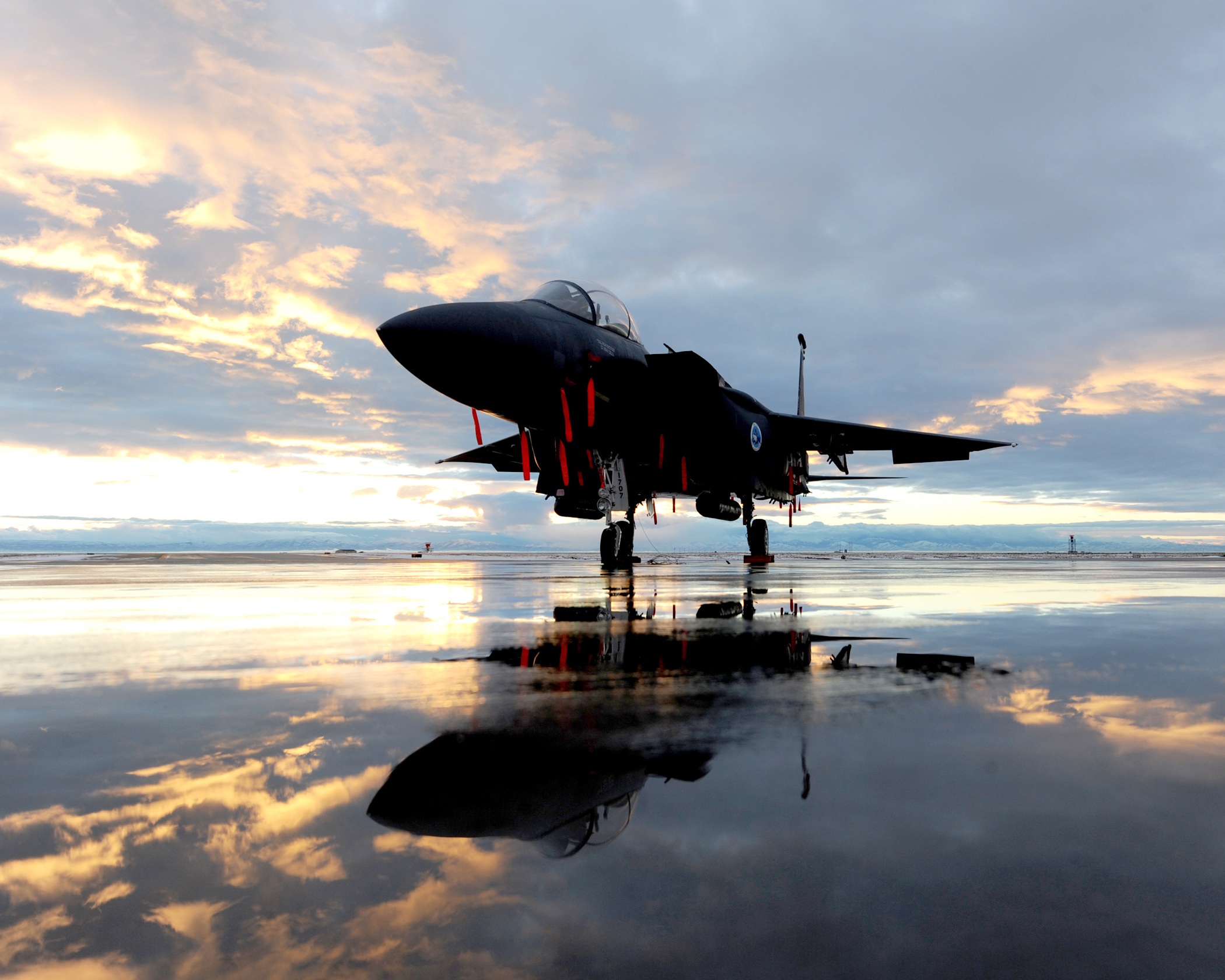 orange color, ground, military, air vehicle, sunset, f-15, strike eagle, 1080P, transportation, evening, reflection, cloud - sky, plane, outdoors, black, HD Wallpaper