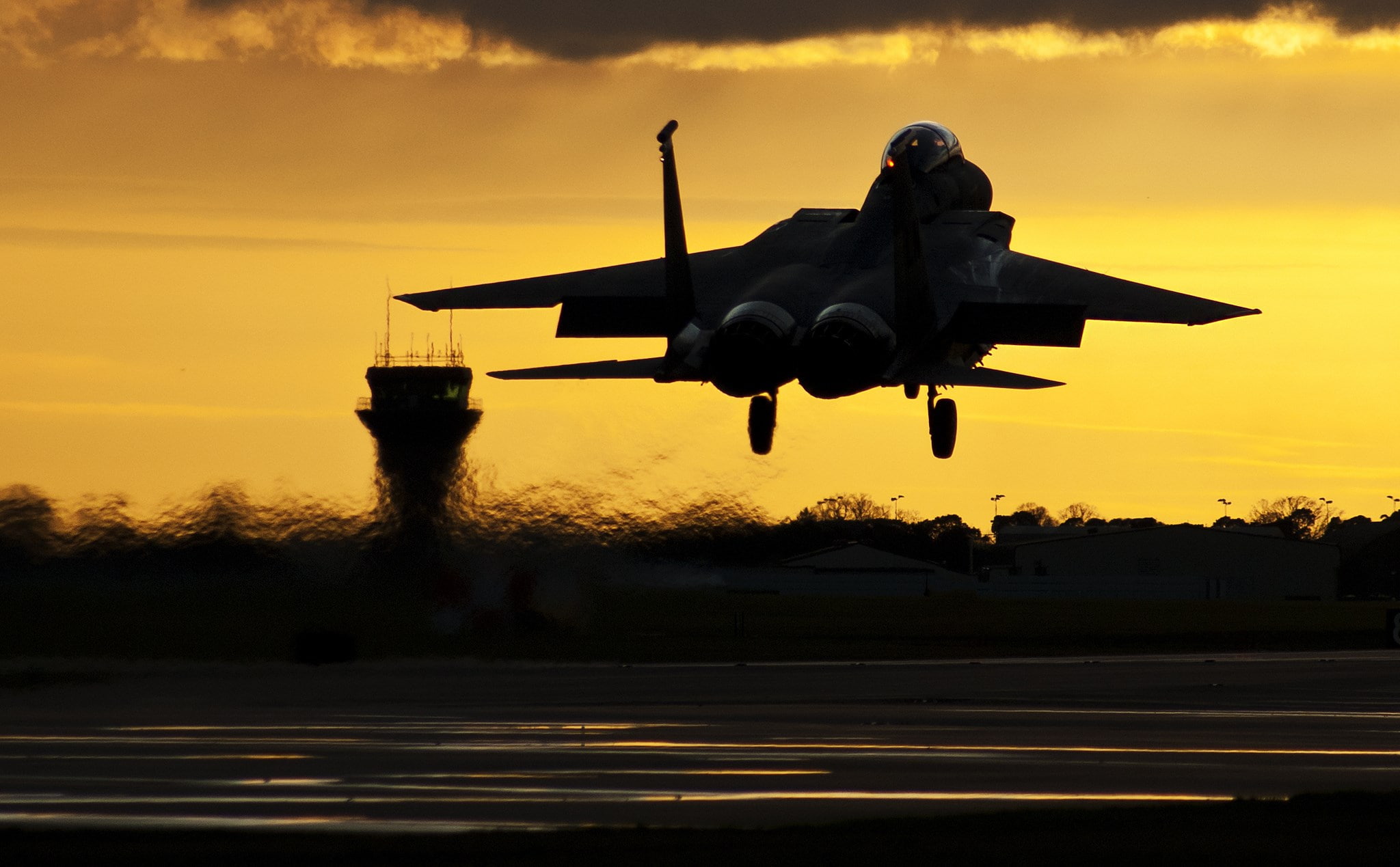 cloud - sky, aerospace industry, airport runway, mcdonnell douglas f 15 eagle, army, mode of transportation, speed, sunset, mid-air, transportation, 1080P, HD Wallpaper