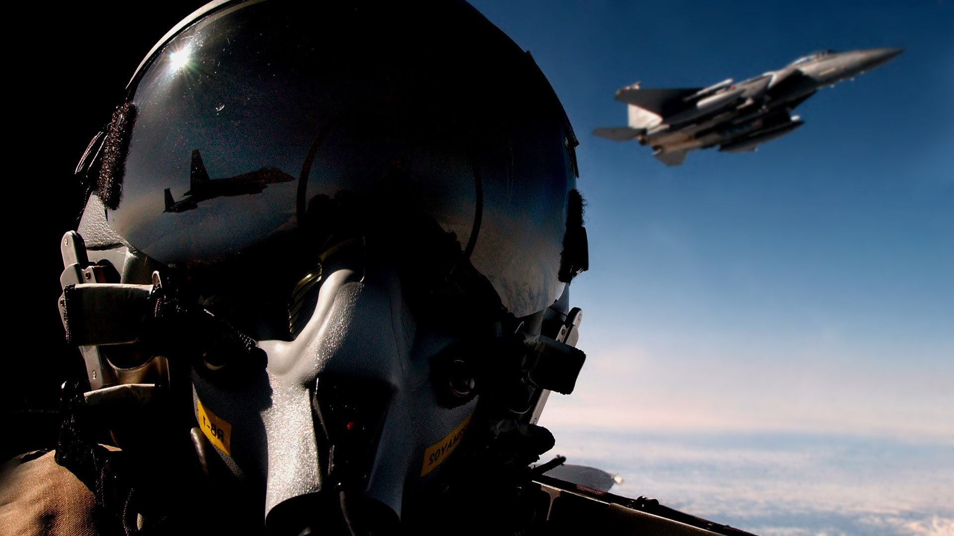 McDonnell Douglas F-15 Eagle, aircraft, jet fighter, 1080P, reflection, helmet, pilot, military aircraft, clouds, HD Wallpaper