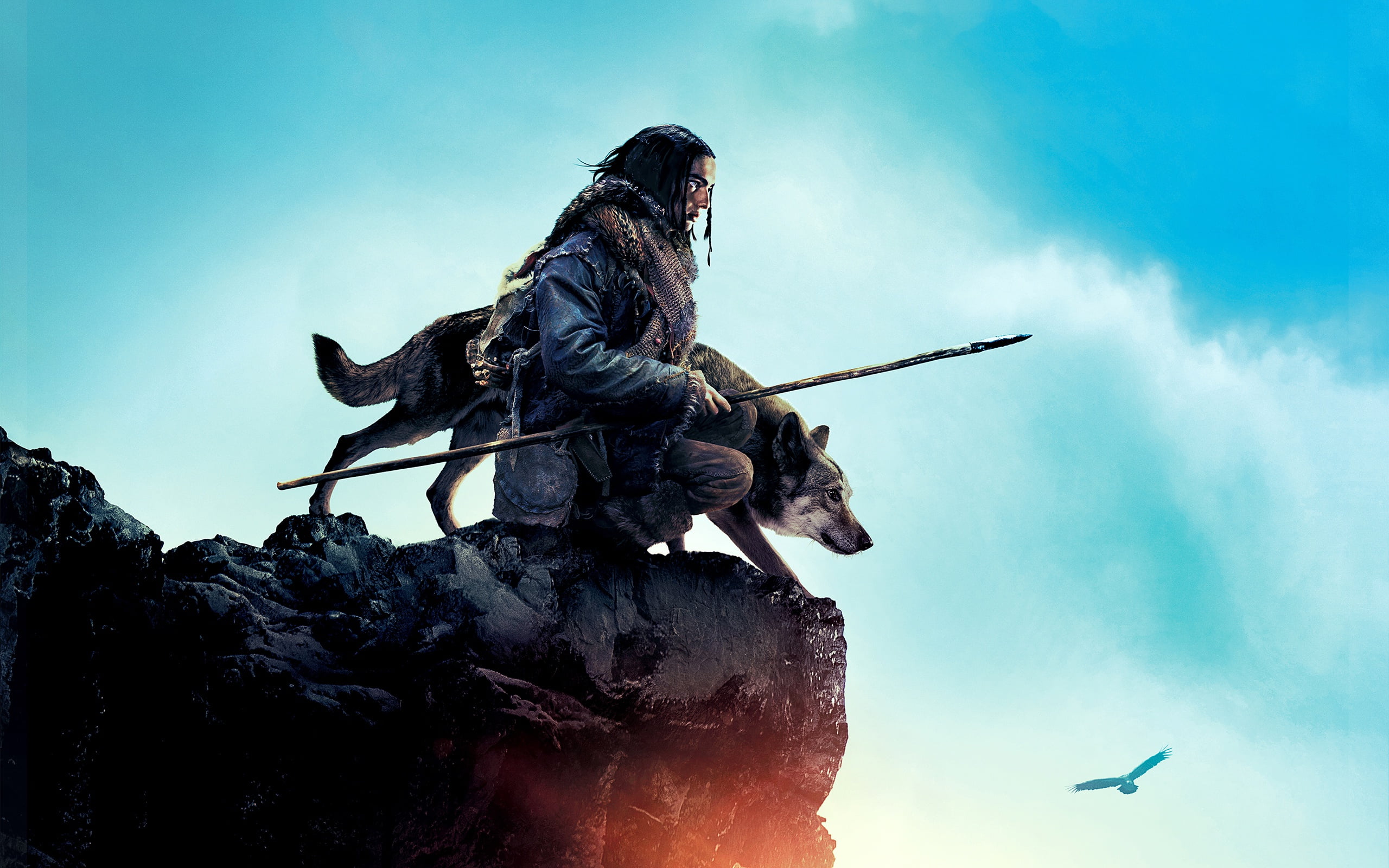 hunter, rock, Kodi Smith-McPhee, adventure, the sky, 2K, bird, clouds, warrior, poster, eagle, spear, Alpha, wolf, Kodi Smit-McPhee, HD Wallpaper