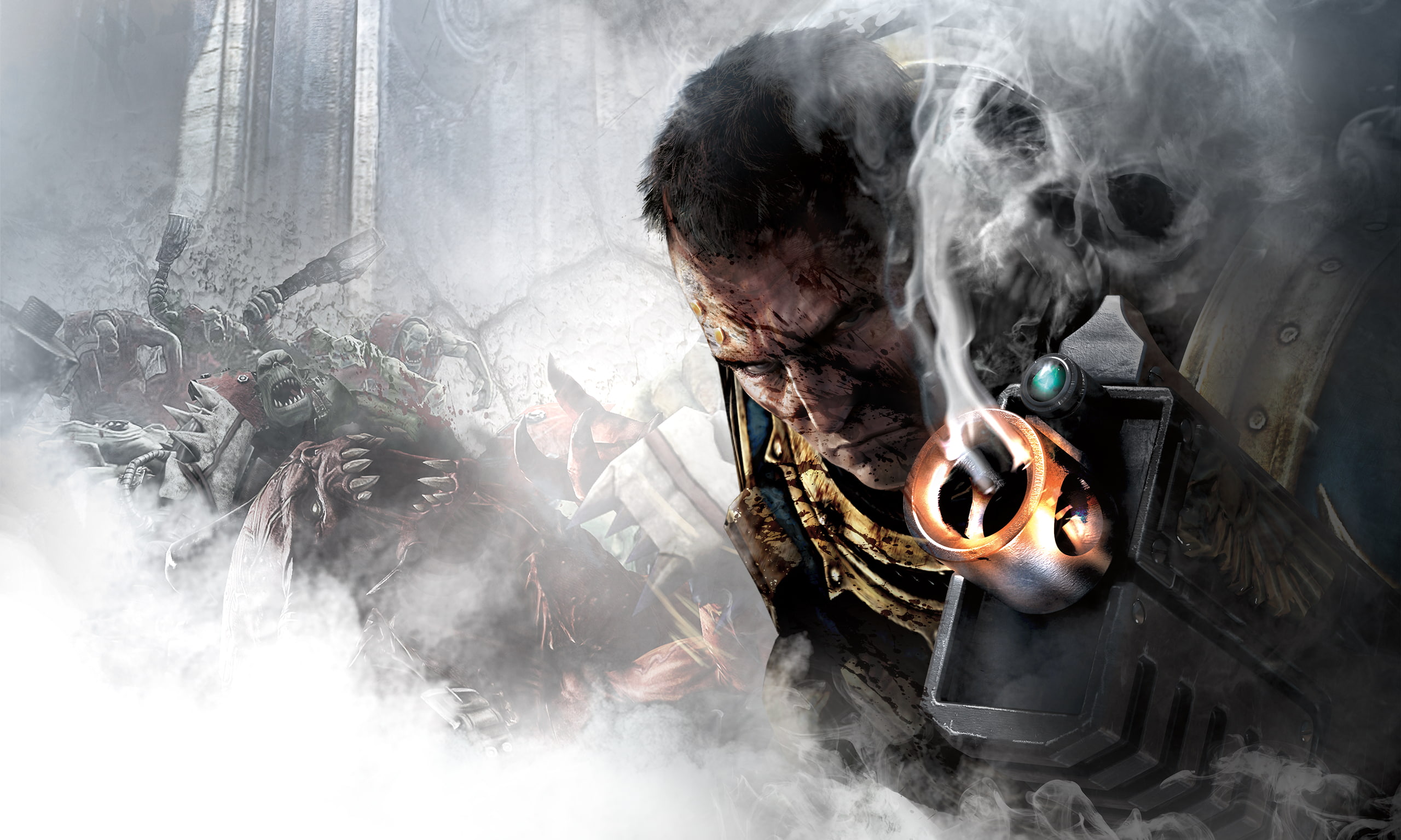 weapons, Orcs, NeoGAF, Warhammer 40,000: Space Marine, 000: space marine, armor, Captain, 2K, smoke, Warhammer 40, Titus, look, THQ, Relic Entertainment, HD Wallpaper