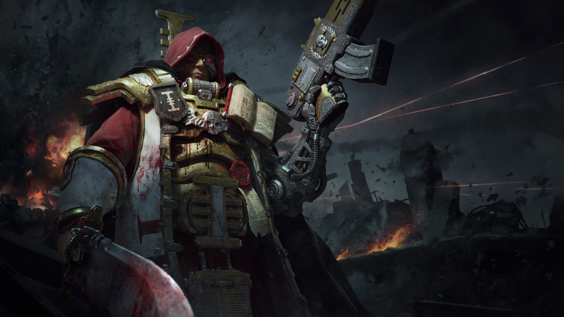 flame, indoors, shots, Inquisition, Warhammer, no people, rendering, smoke - physical structure, burning, motion, power armor, metal industry, rifle, metal, HD Wallpaper