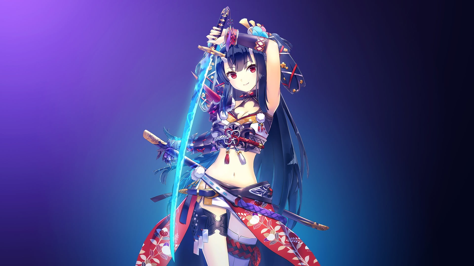 leisure activity, copy space, amusement park ride, red eyes, celebration, lifestyles, low angle view, blue, illuminated, anime, swordswoman, one person, HD Wallpaper