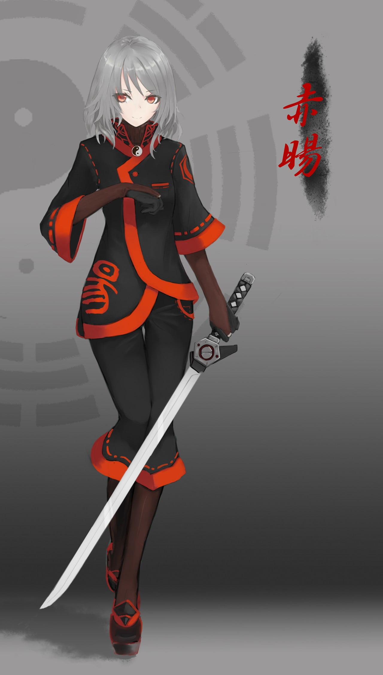 gray hair, portrait, anime girls, females, young adult, short hair, swordswoman, weapon, shoe, one person, anime, red, indoors, front view, hair, black color, Phone HD Wallpaper