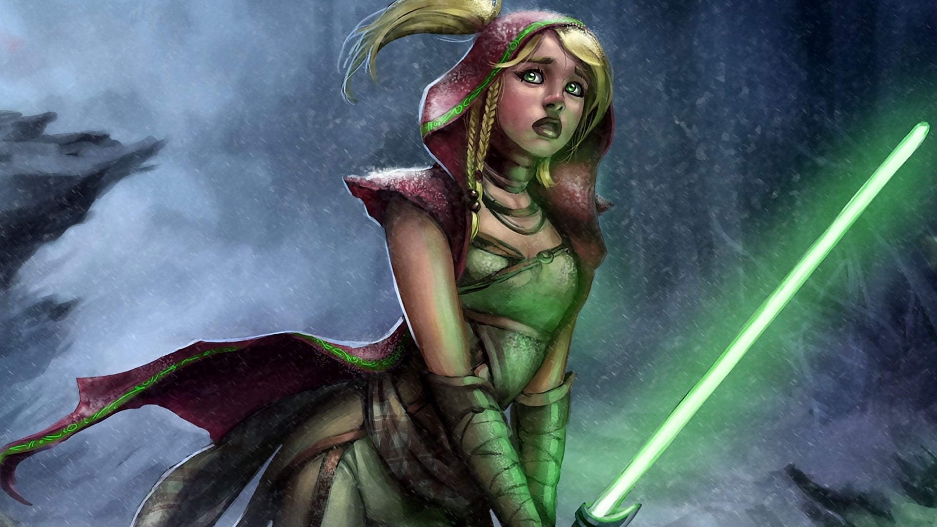 beautiful woman, swordswoman, fashion, young women, women, long hair, fantasy, mythology, lightsaber, females, rain, three quarter length, religion, mouth open, HD Wallpaper