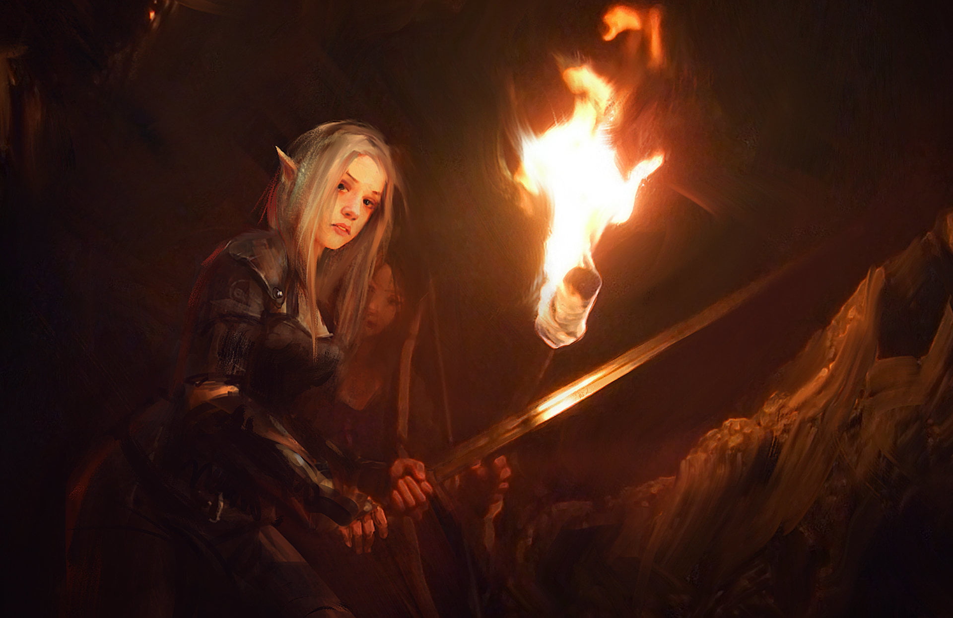 look, fire - natural phenomenon, torch, heat - temperature, skill, night, women, sword, elf, bonfire, blond hair, fiction, one person, art, nature, holding, HD Wallpaper