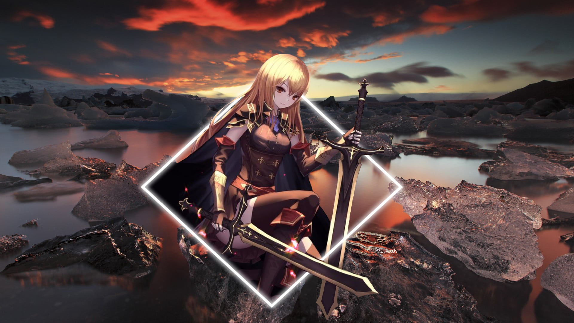 2D, 1080P, digital art, knight, anime girls, picture-in-picture, sword, ice, swordswoman, nature, anime, HD Wallpaper