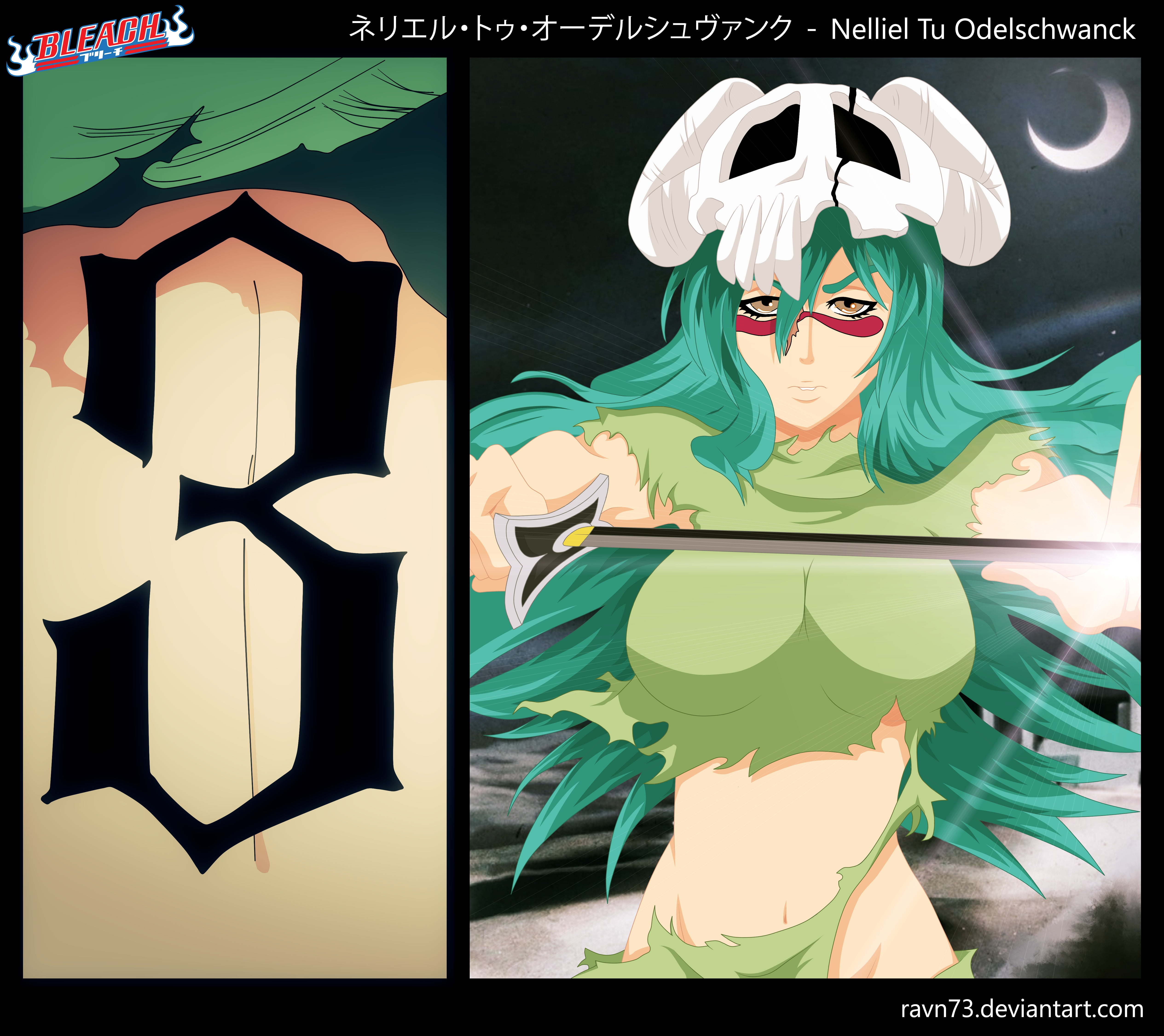 text, green color, close-up, illuminated, human representation, Bleach, western script, communication, anime, transfer print, anime girls, Nelliel Tu Odelschwanck, HD Wallpaper