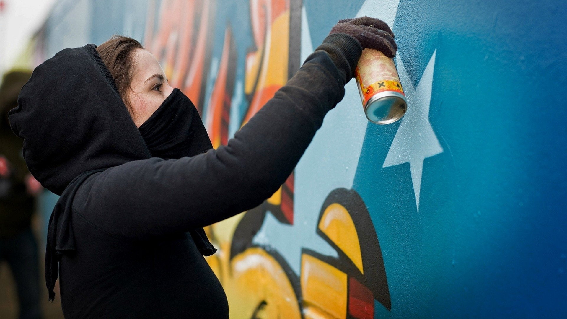 Graffiti, art and craft, hood, human body part, paint, one person, 1080P, spray paint, mural, aerosol can, holding, creativity, hooded shirt, adult, waist up, HD Wallpaper