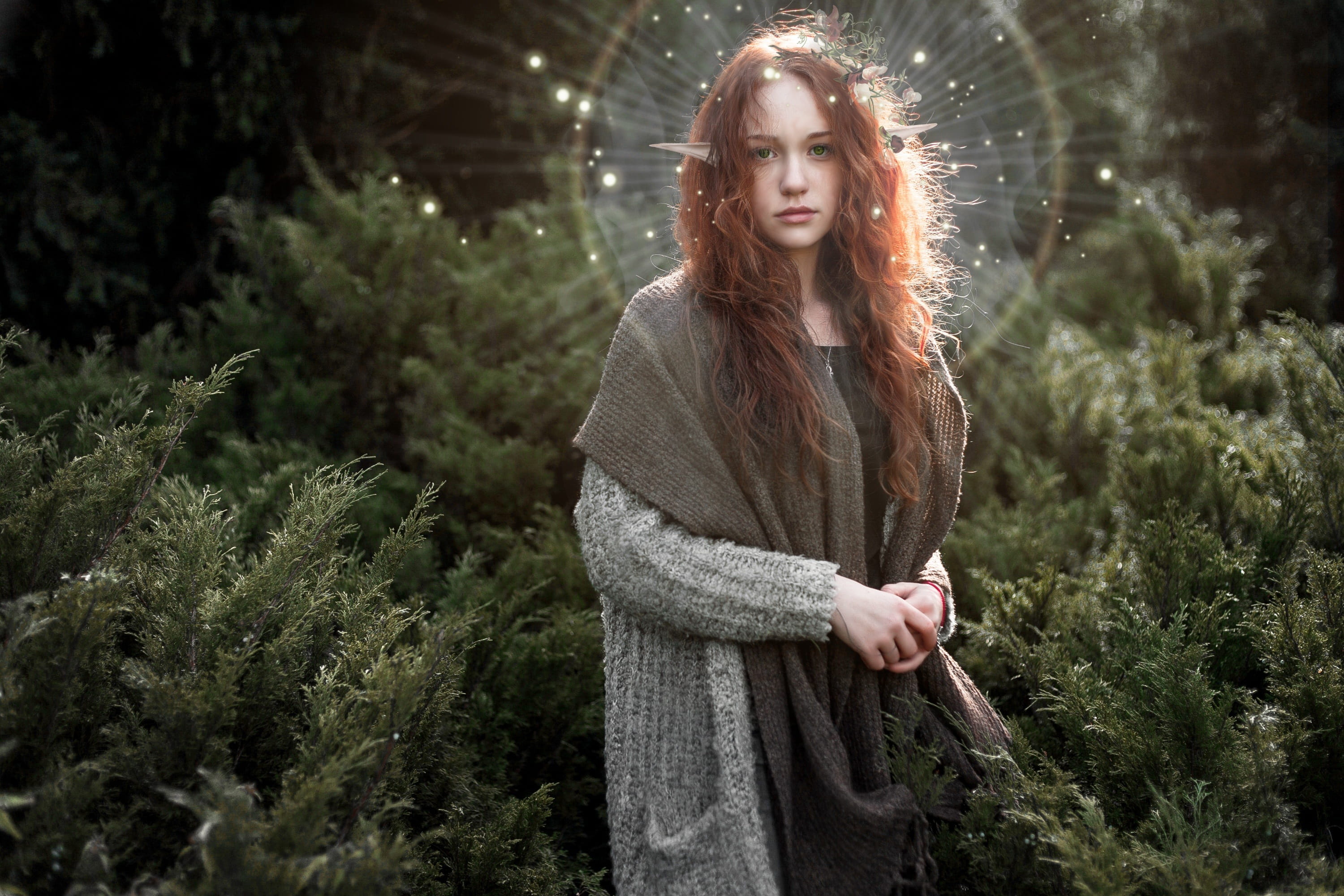 poor, beautiful woman, fantasy, tree, 2K, young adult, hairstyle, girl, women, plant, red hair, winter, magic, elf, looking at camera, one person, female, HD Wallpaper