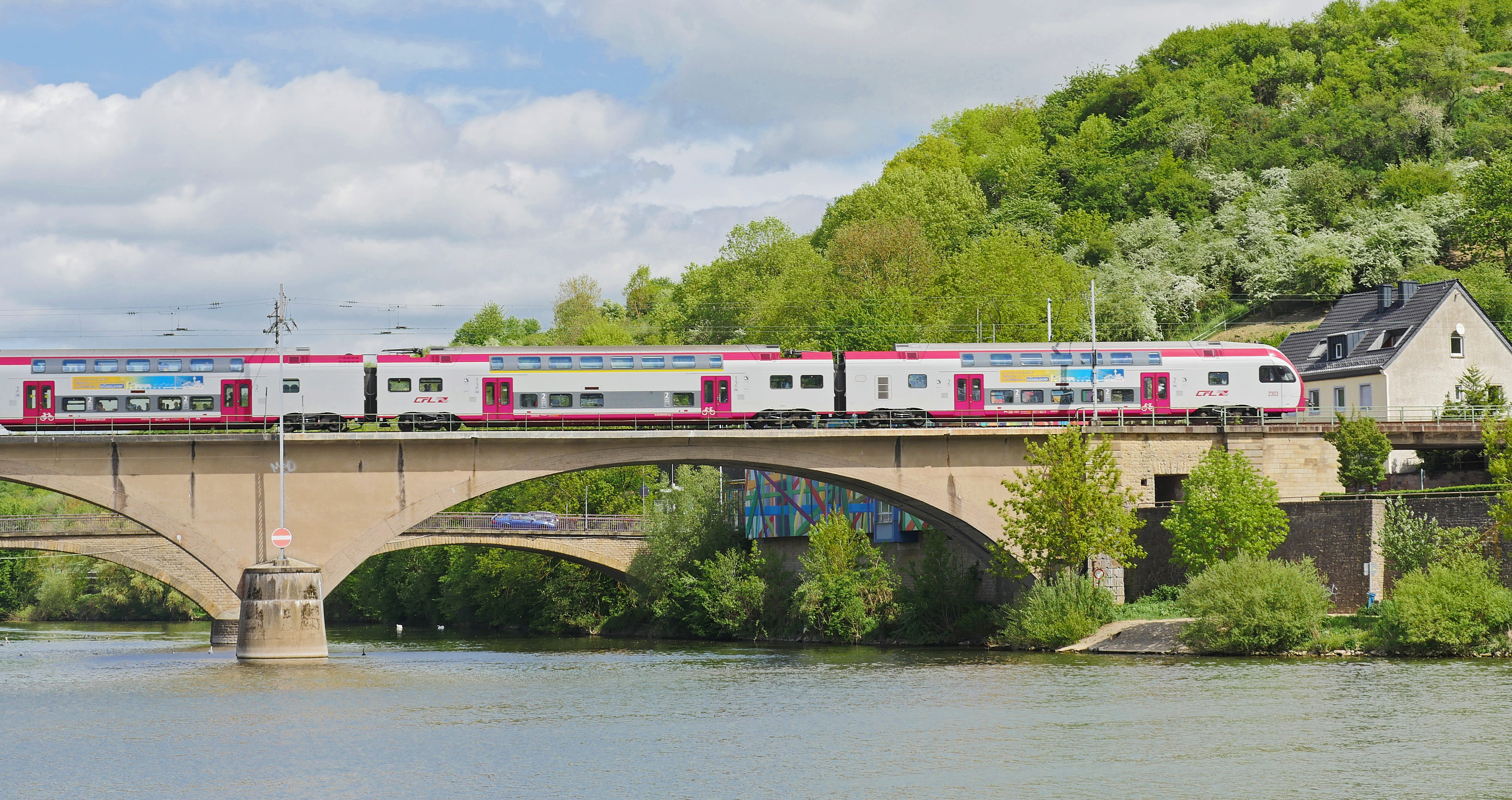 road bridge, tree, train, power to change the system, mode of transportation, 4K, mouth in moselle, waterfront, double decker, electrical multiple unit, HD Wallpaper
