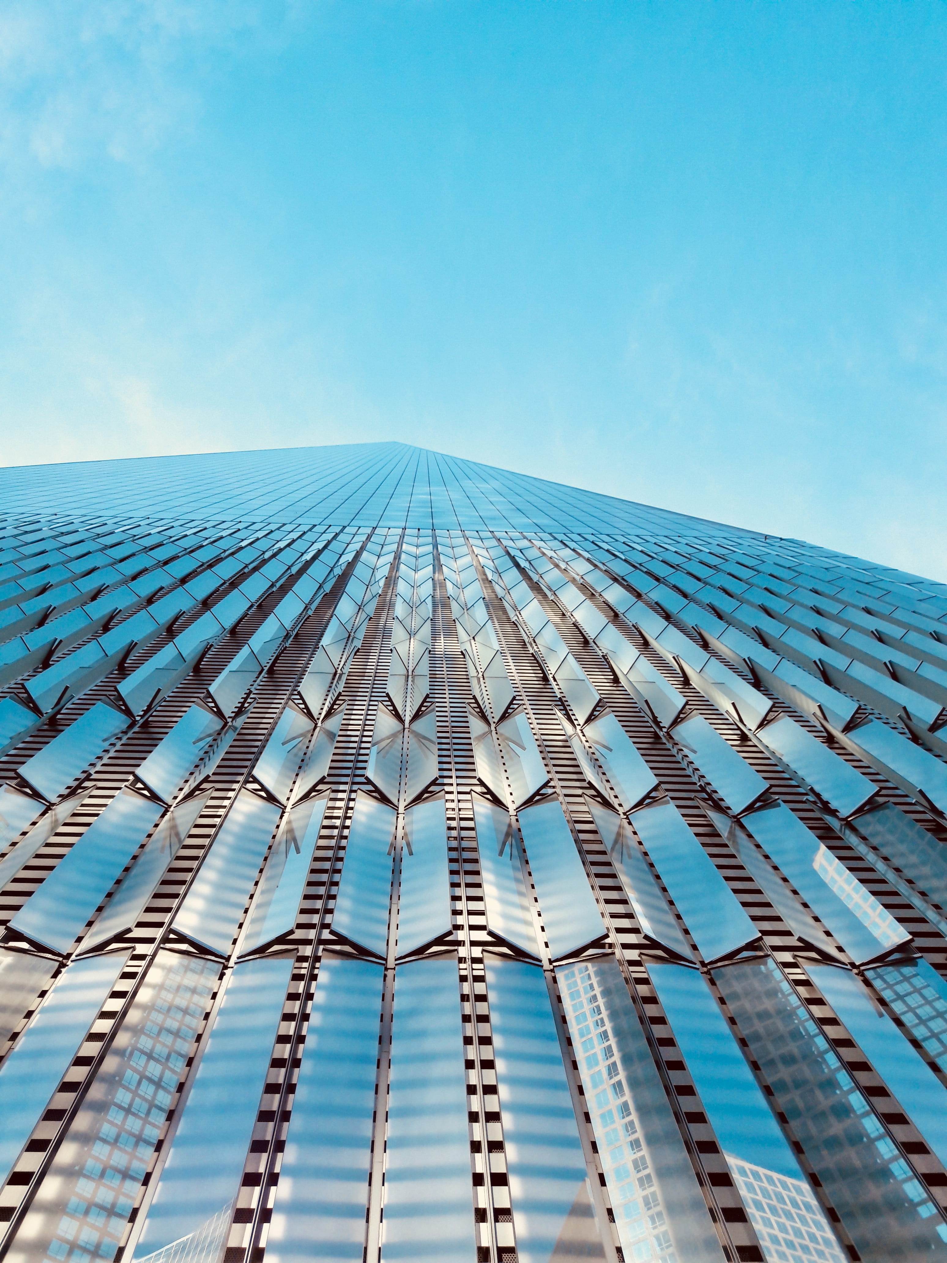 low, angle, built structure, directly below, outdoors, glass, roof, electrical device, building exterior, blue, office, building, skyscraper, solar panels, Phone HD Wallpaper