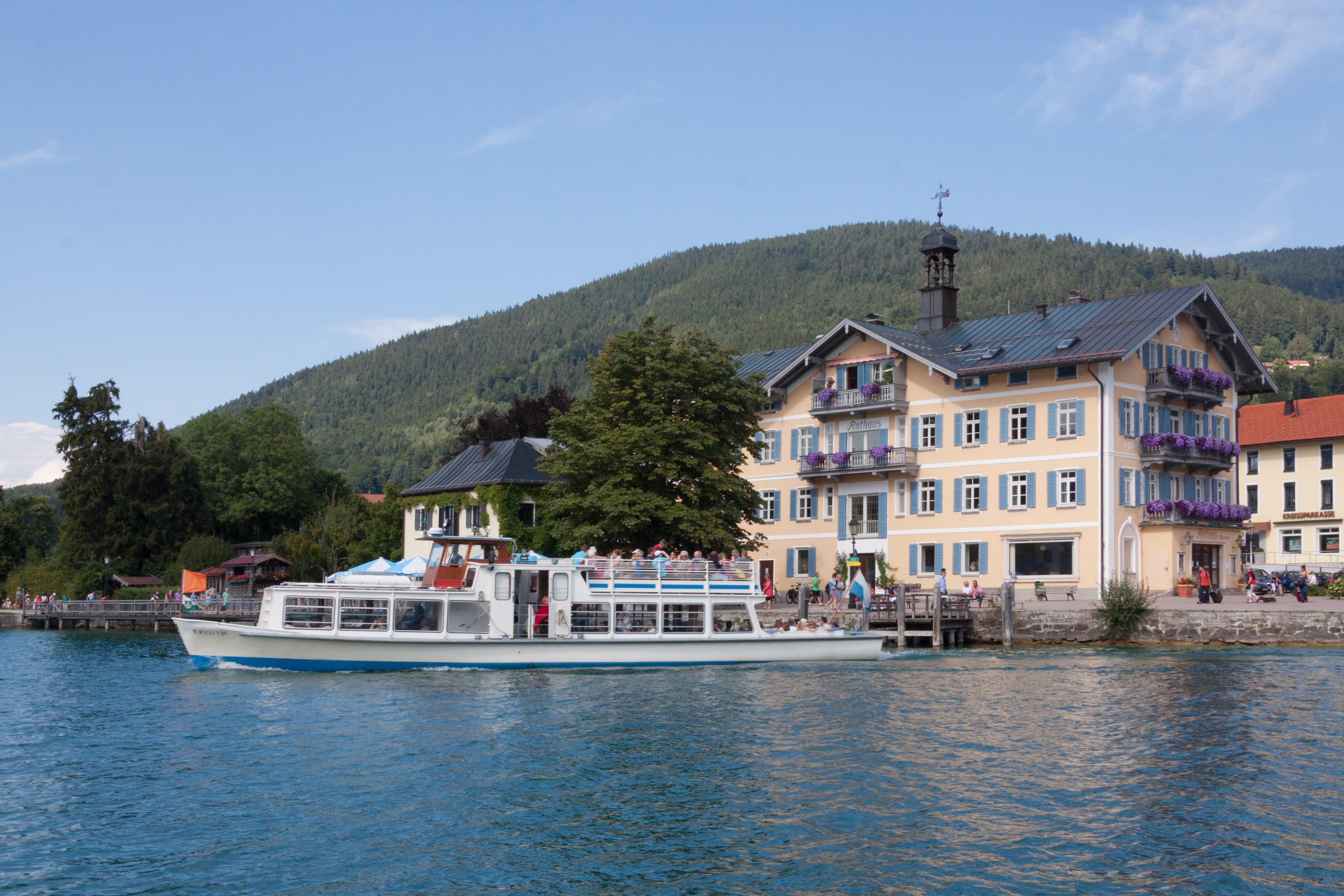 Tegernsee, 4K, house, holiday, transportation, bank, landscape, sea, passenger craft, wealth, bavaria, travel Locations, mountains, nature, Web, building, HD Wallpaper