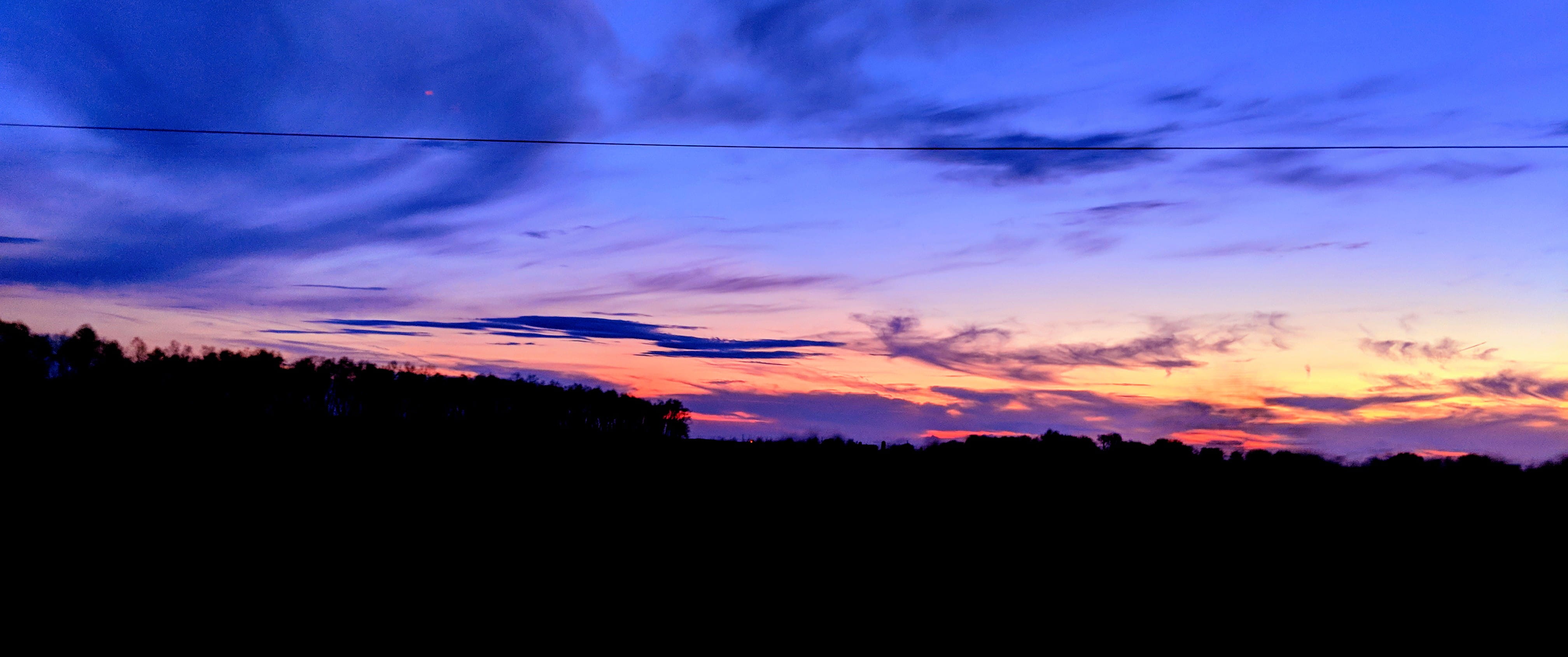 tranquil scene, dawn, cable, romantic sky, orange color, idyllic, no people, red sky, background, dark, power lines, nature, tranquility, sunrise, sunset, HD Wallpaper