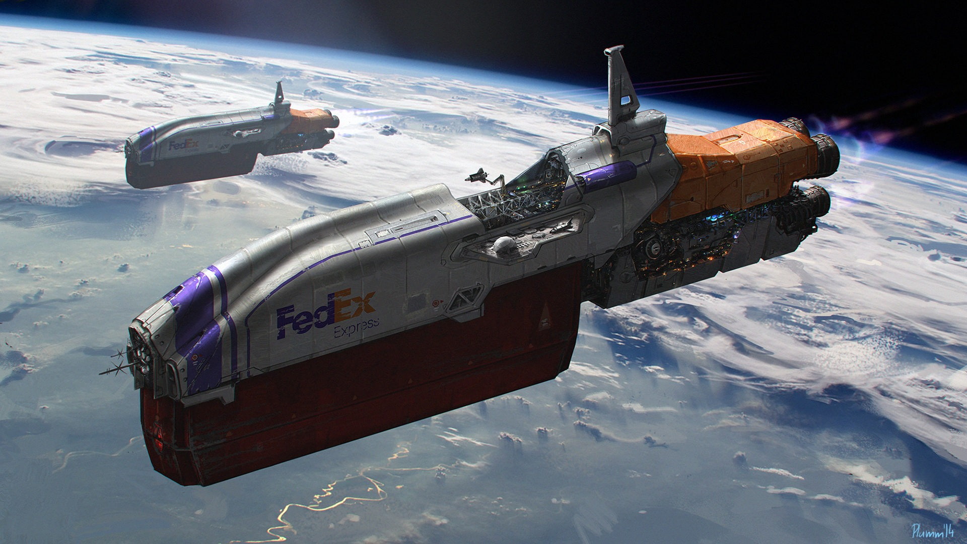spaceship, humor, digital art, sky, science fiction, 1080P, space, Fedex, HD Wallpaper