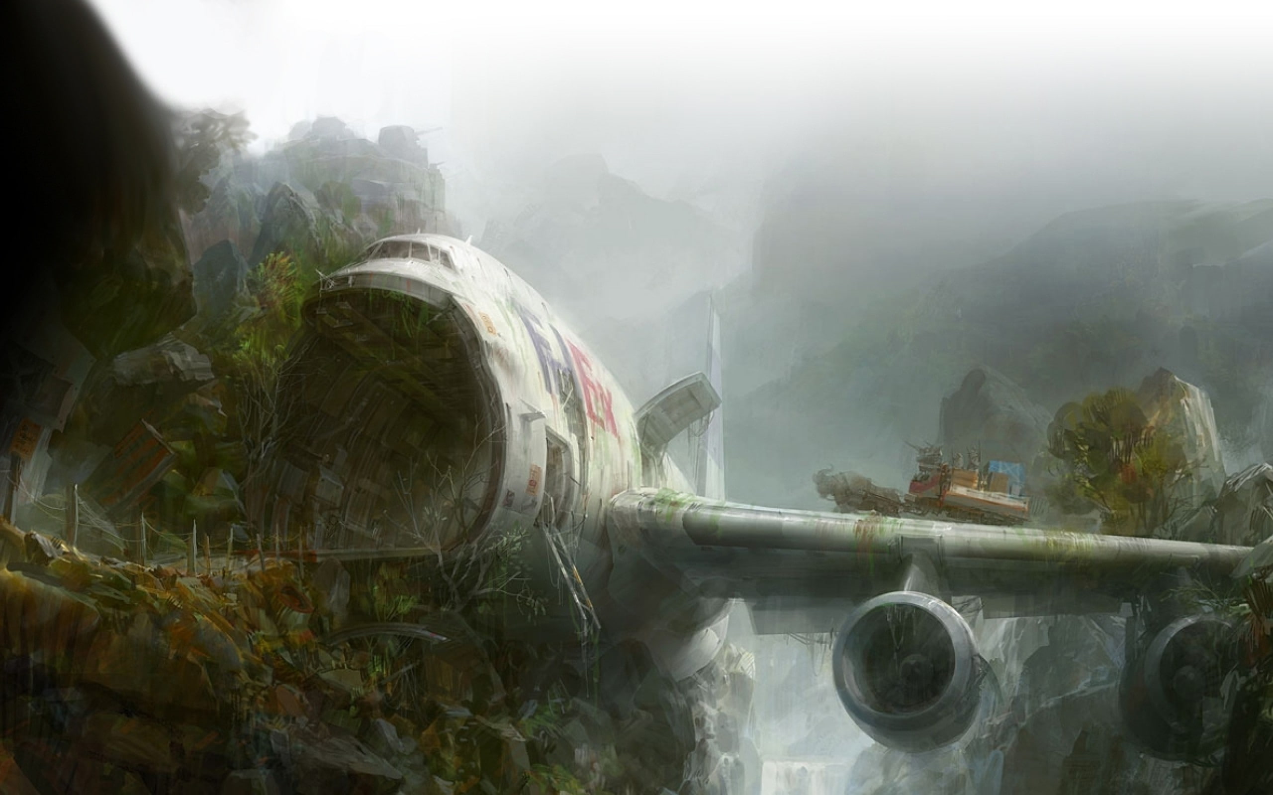 waterfall, 2K, crash, airplane, jungle, Fedex, detailed, HD Wallpaper