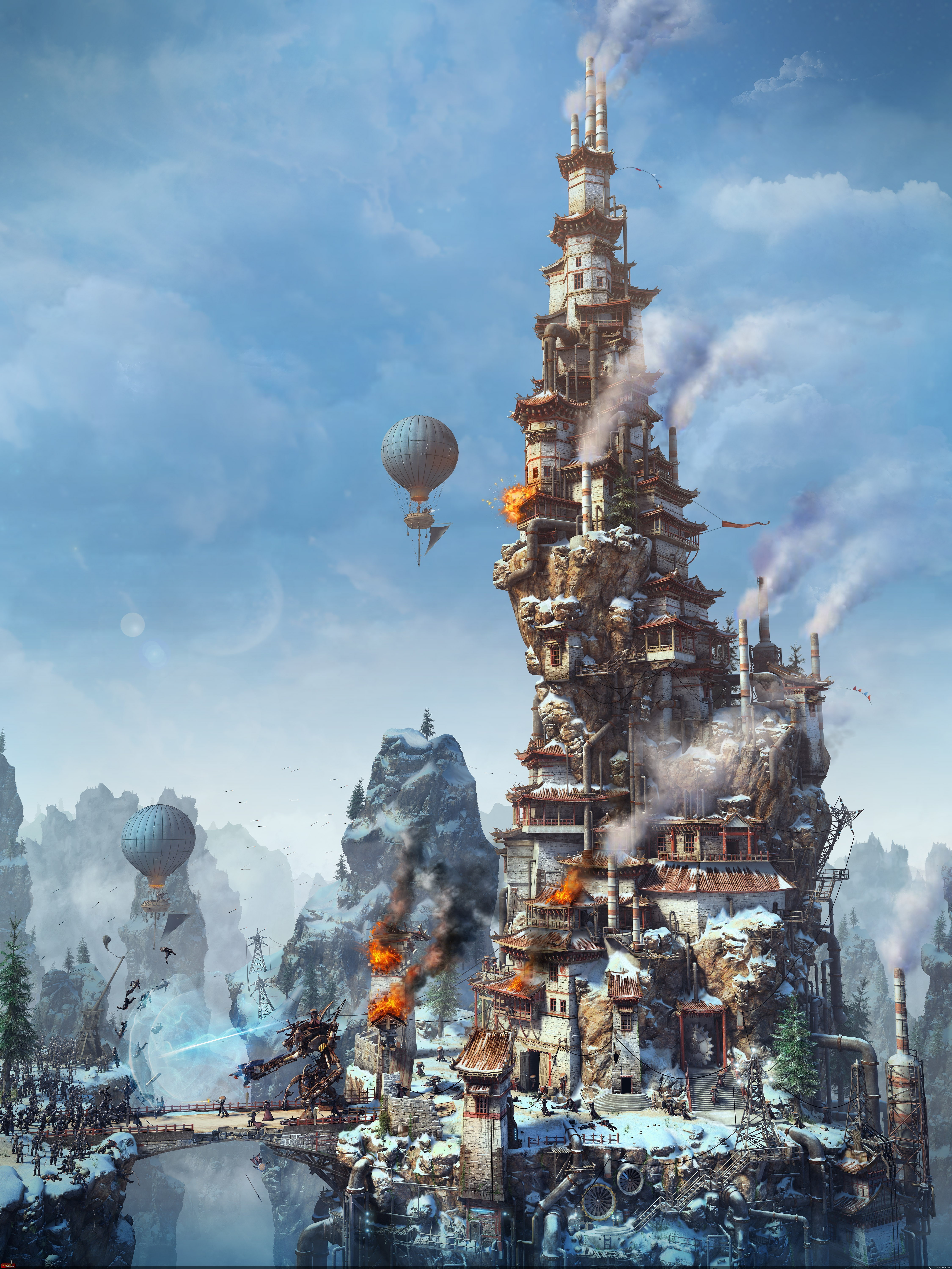 clouds, fire, tower, pipes, smoke, mountains, robot, hot air balloons, soldier, house, artwork, 5K, snow, rock, castle, gears, war, industrial, bridge, Phone HD Wallpaper