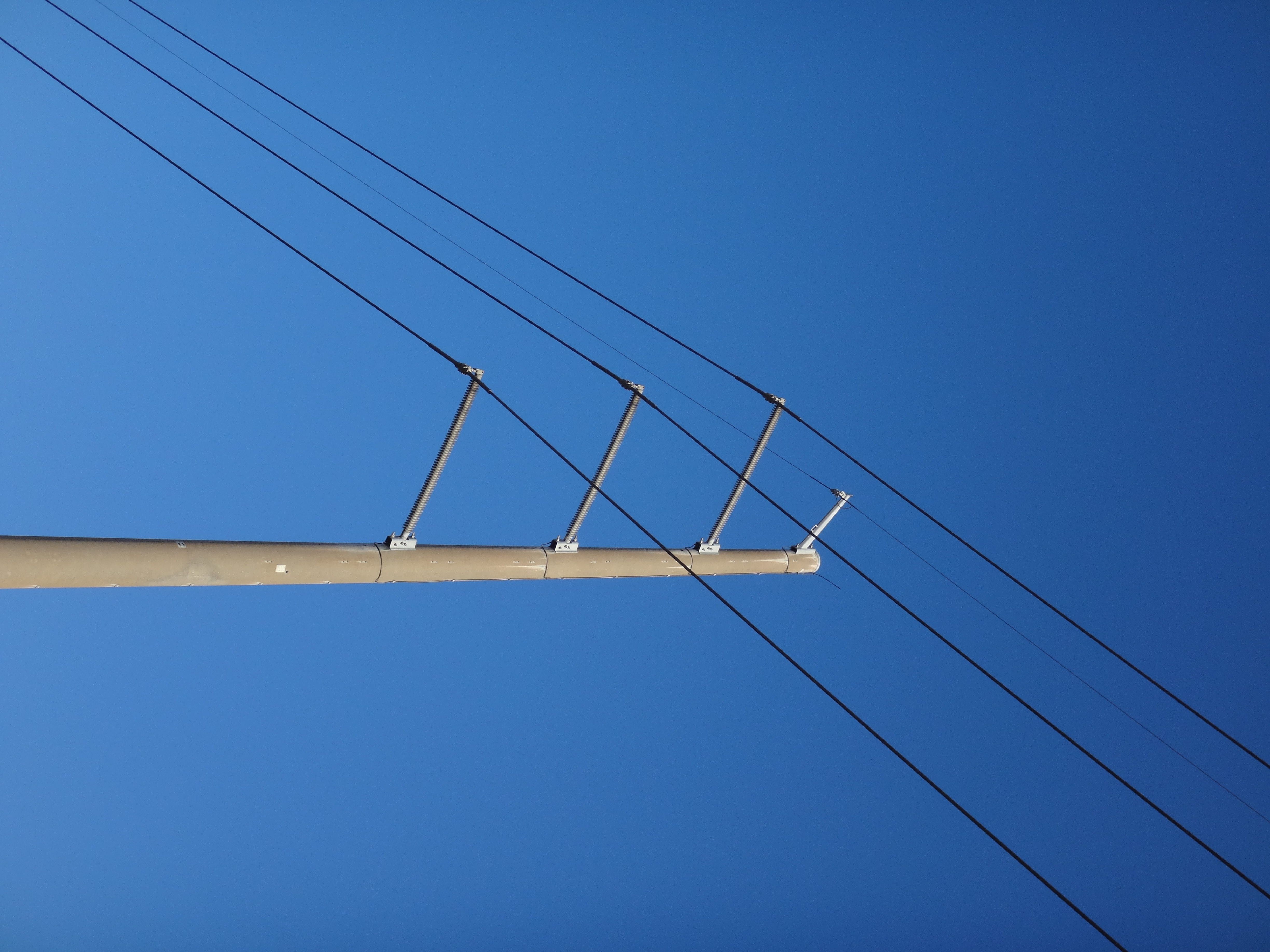 electricity, outdoors, nature, low angle view, sky, no people, power supply, lighting equipment, 4K, copy space, connection, power line, technology, built structure, HD Wallpaper