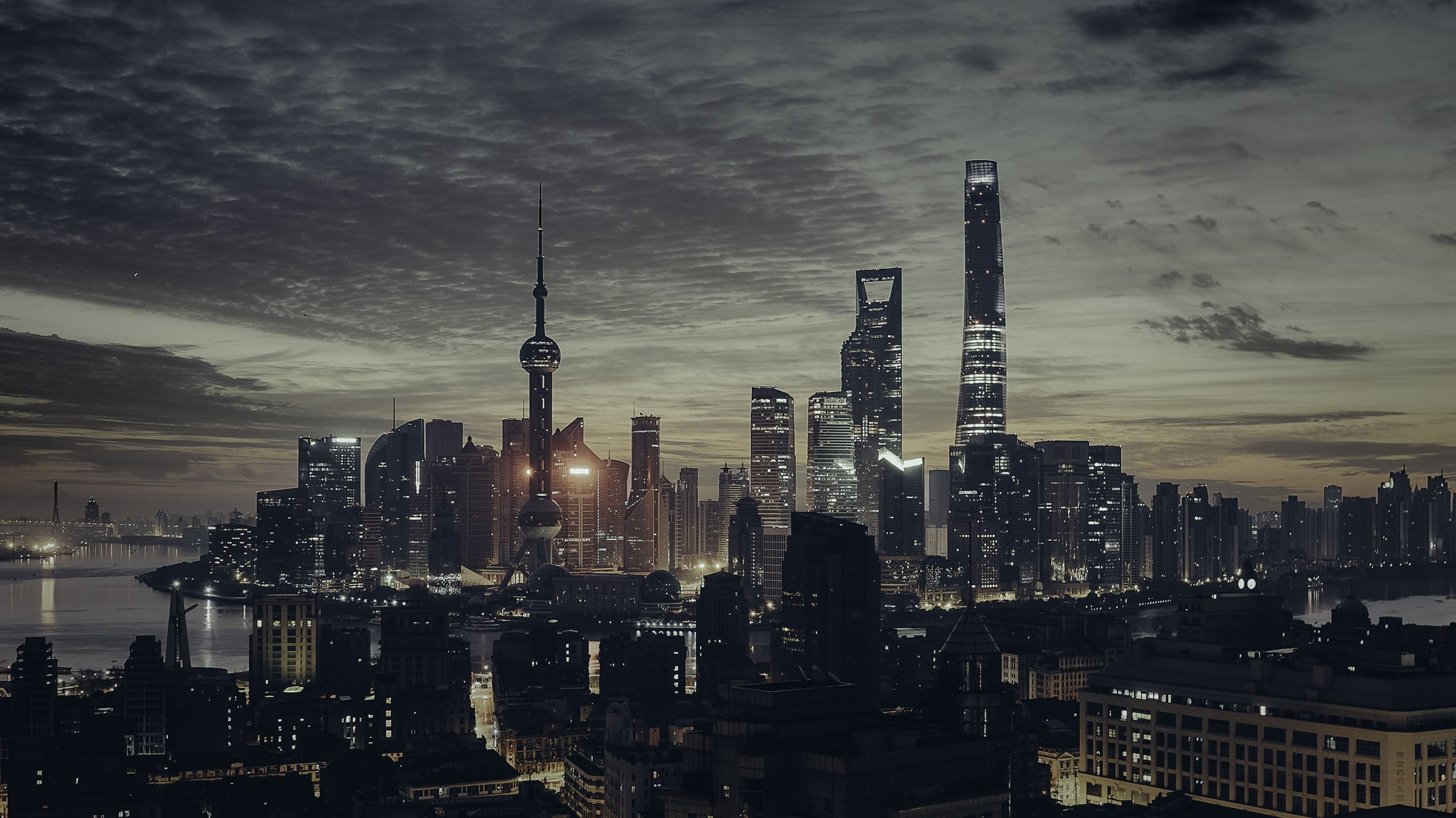 skyline, sky, tower, 2K, spire, landscape, modern, financial district, night, Shanghai, building, building exterior, built structure, cloud - sky, travel destinations, HD Wallpaper