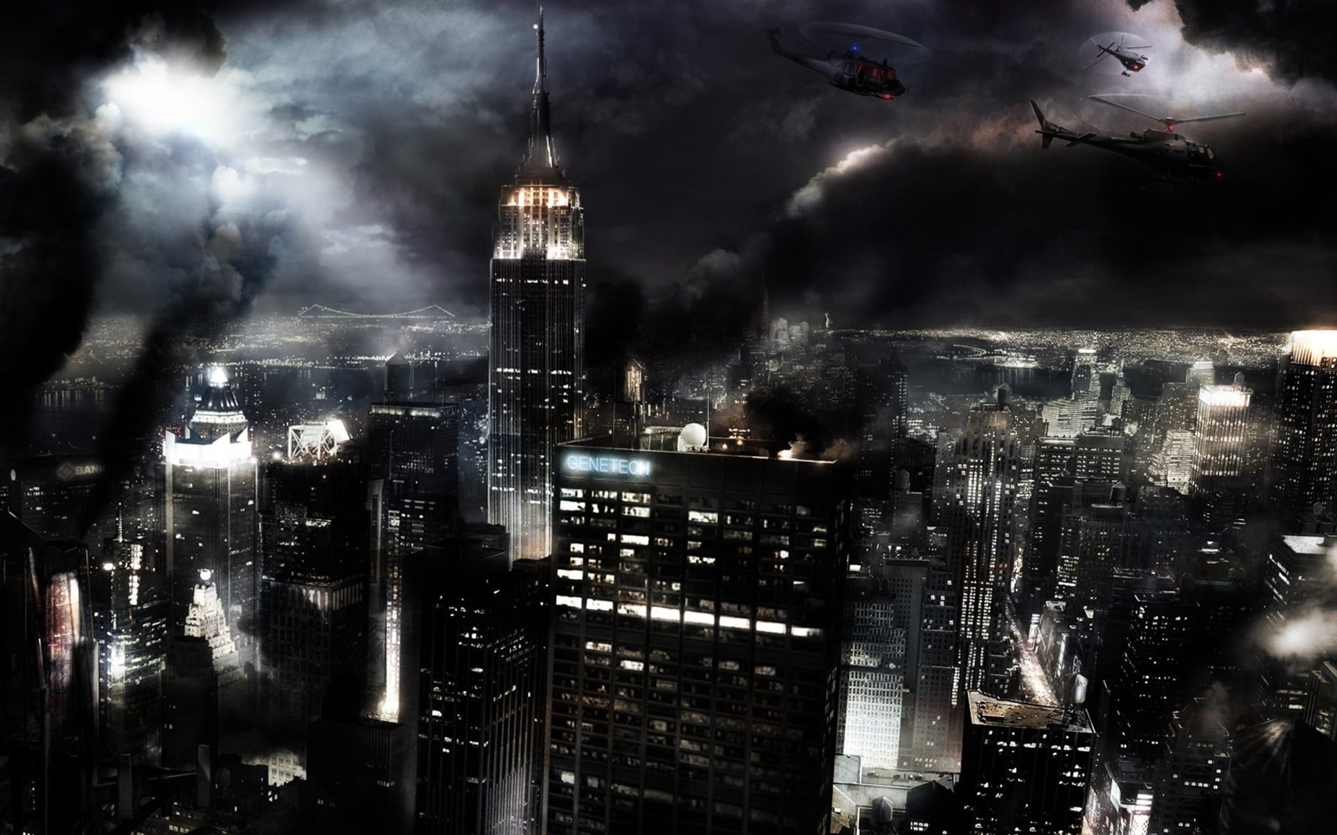 helicopter, dark, digital art, New York City, night, apocalyptic, city, cityscape, 1080P, building, HD Wallpaper