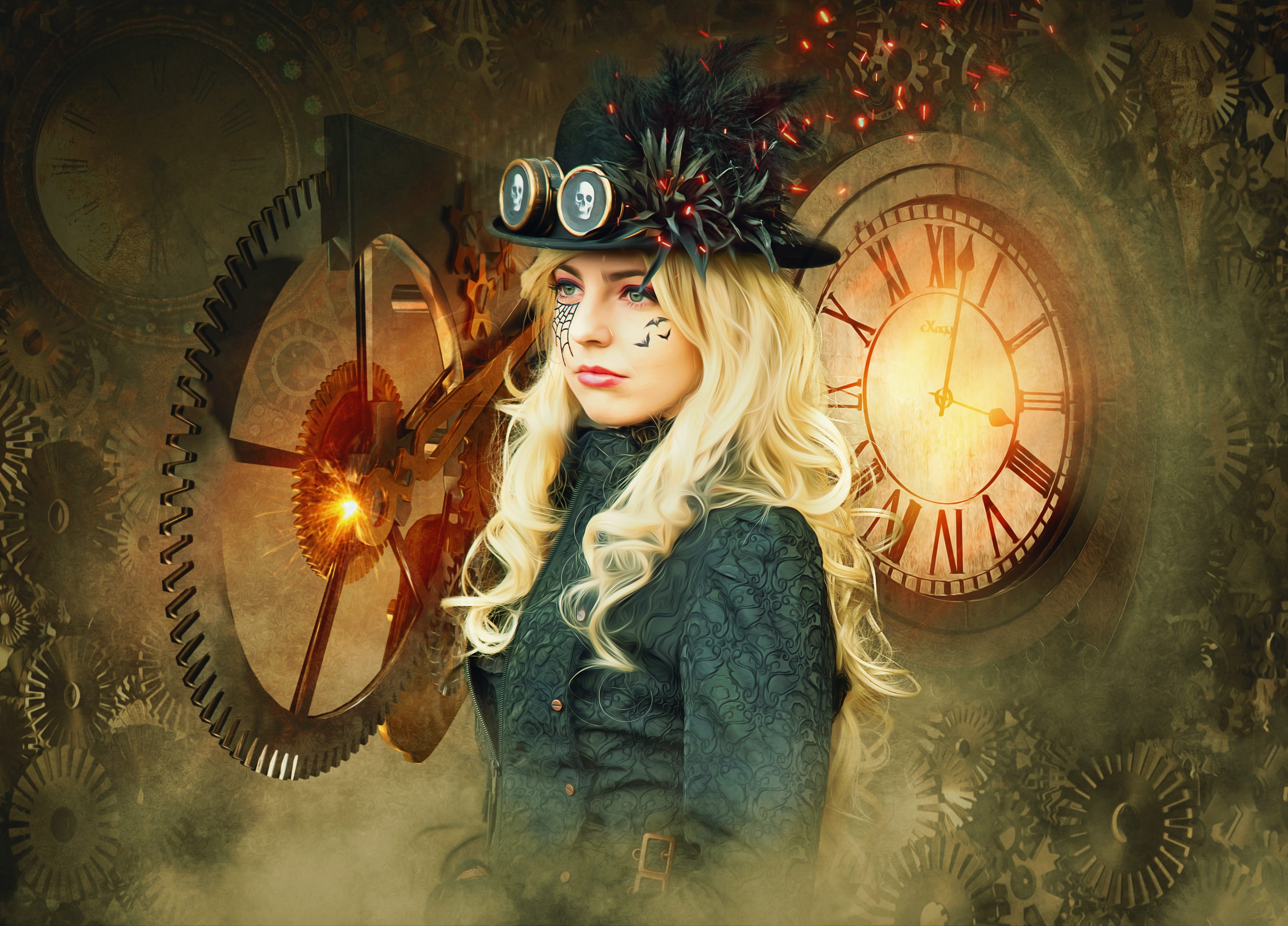 fantasy portrait, light, indoors, young, woman, dark, gears, real people, hairstyle, female, hair, fantasy, photoshop, goth, 2K, women, one person, leisure activity, HD Wallpaper