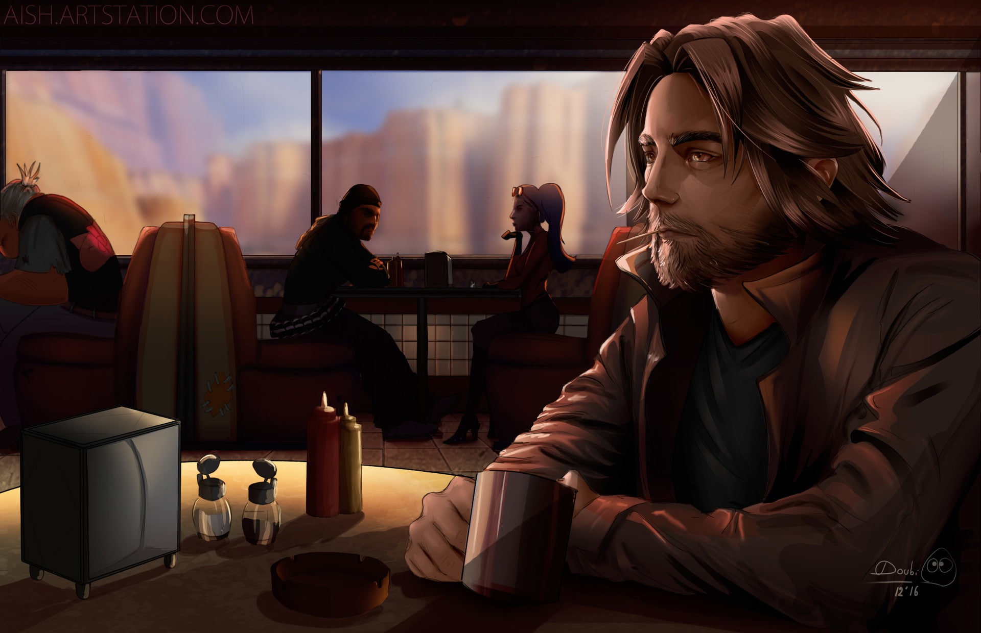 coffee, drawing, 1080P, Jesse McCree, Overwatch, DoubiDoubi, HD Wallpaper