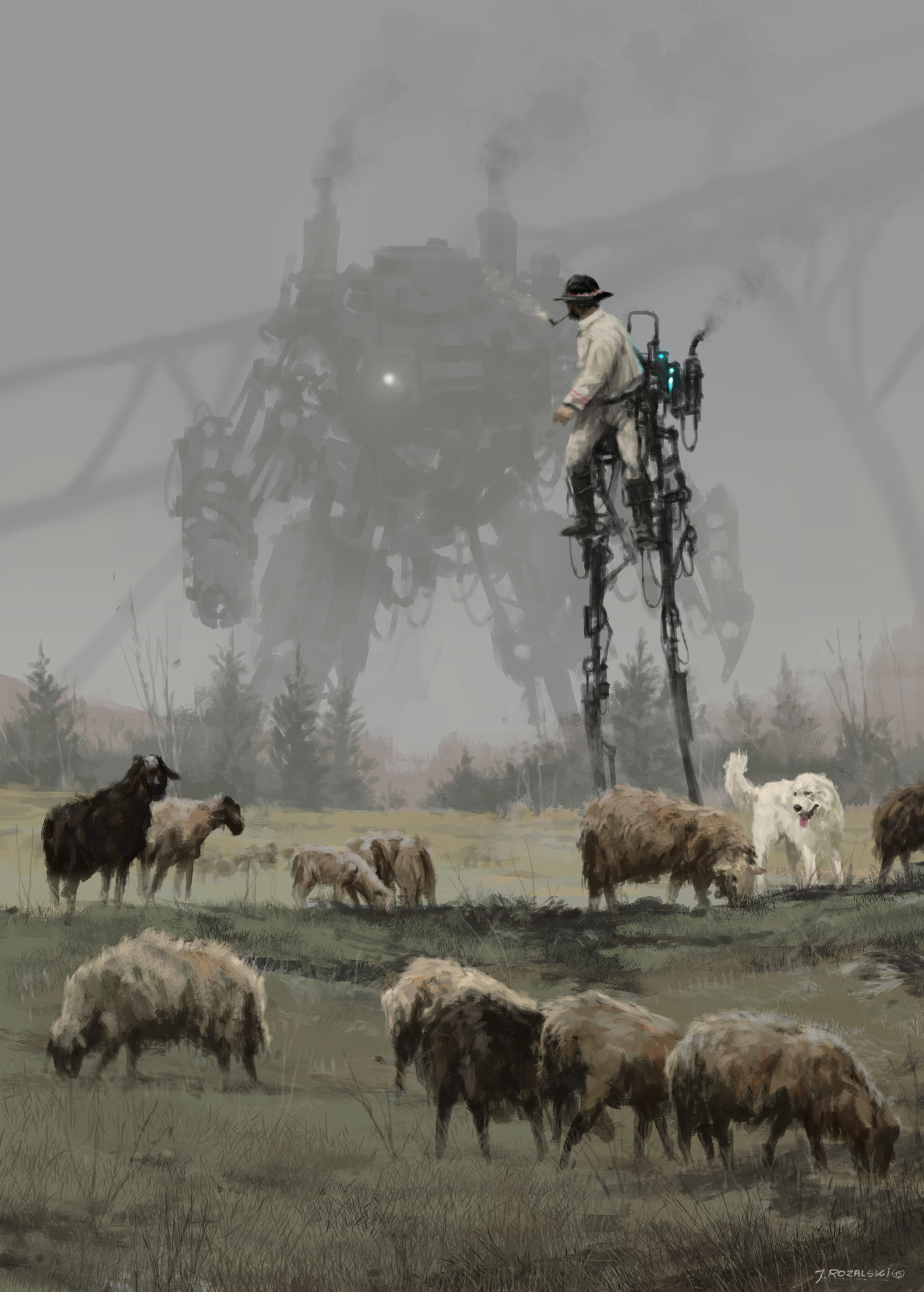mist, Jakub Różalski, mech, digital art, shepherd, animals, sheep, Futuristic, Machine, dog, Trees, robot, Portrait Display, nature, Pipe, 2K, painting, Phone HD Wallpaper