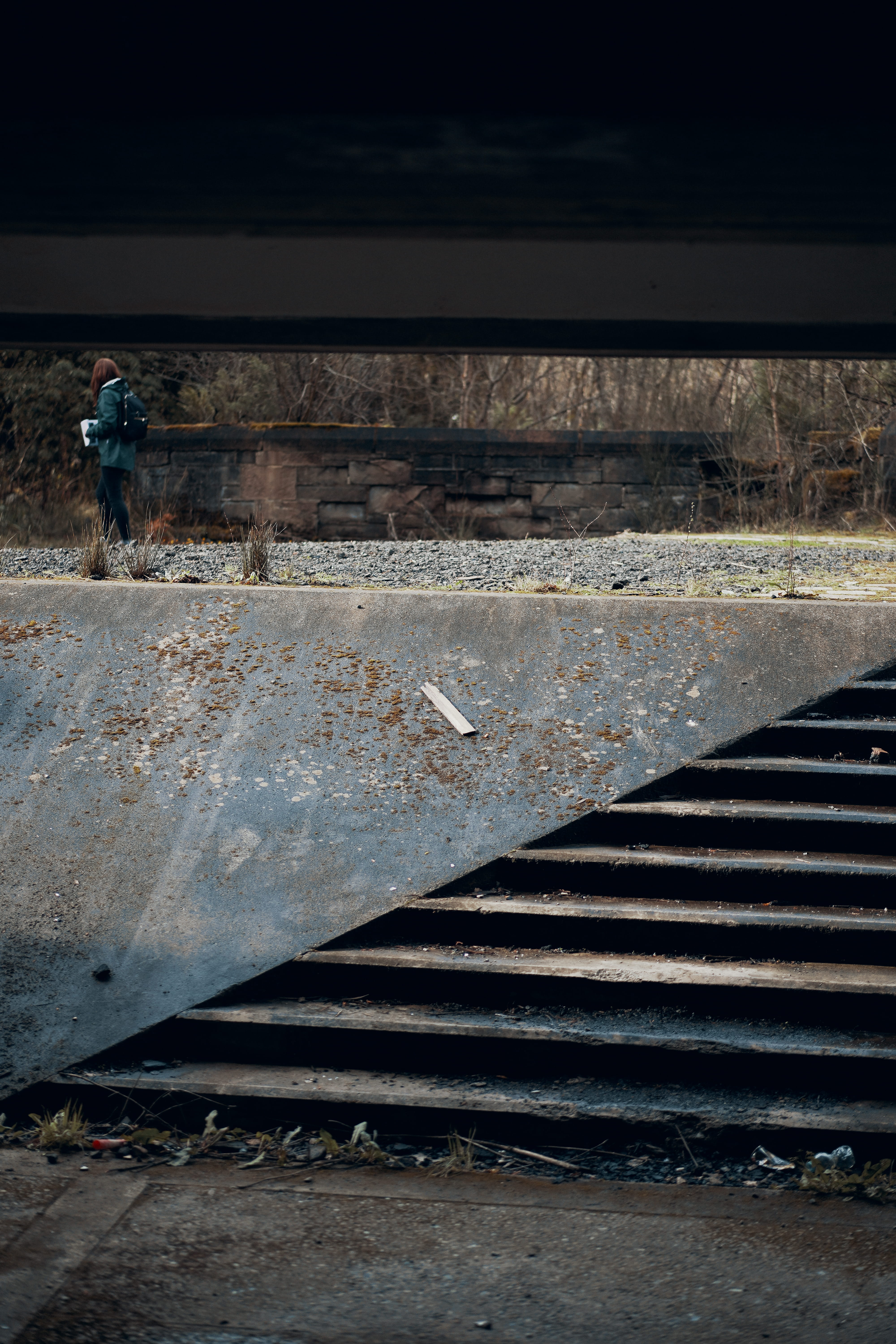men, symbol, railroad track, built structure, road, st peters seminary, staircase, metal, outdoors, person, track, alone, sign, marking, one person, atmospheric, Phone HD Wallpaper