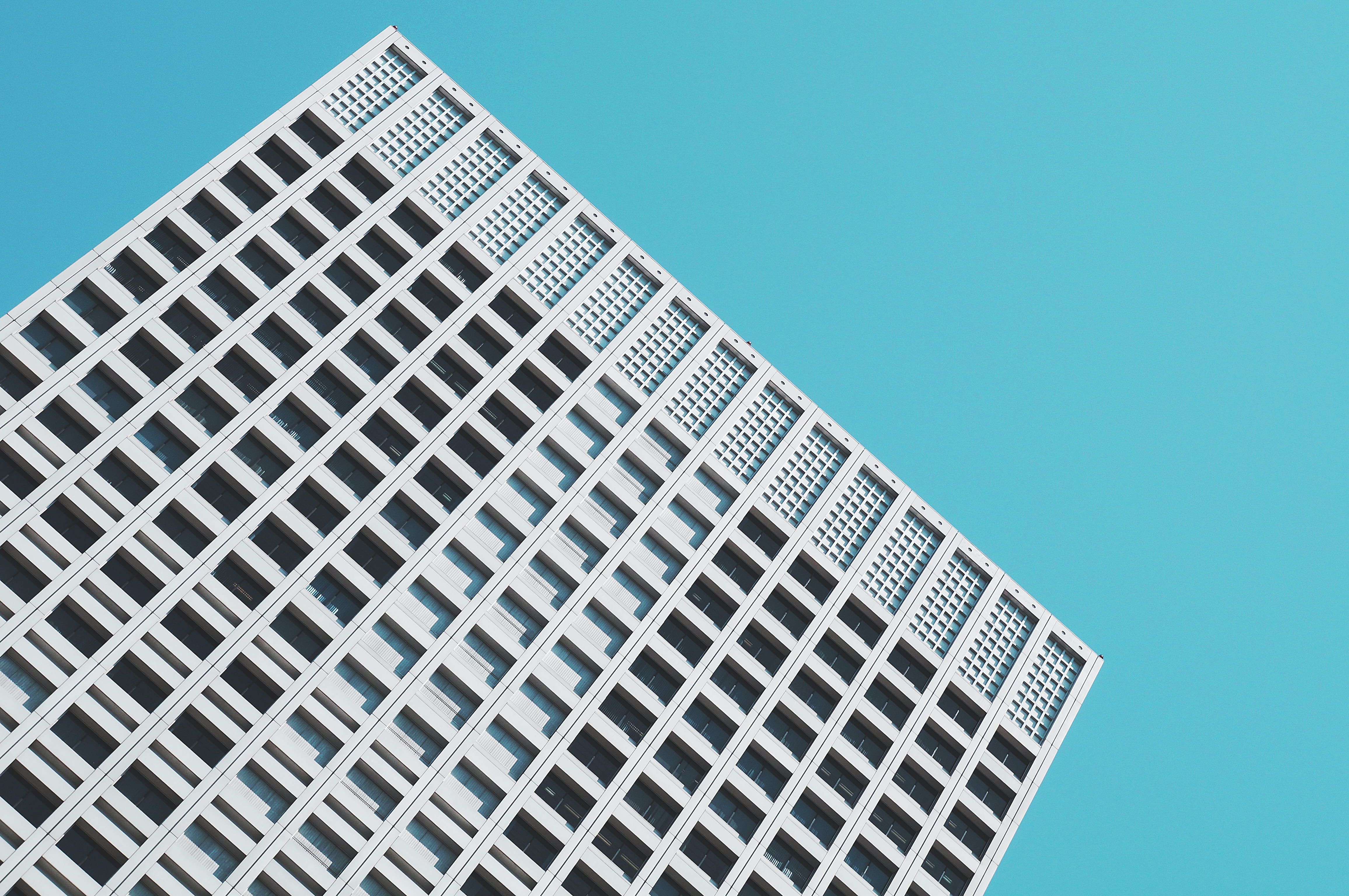 4K, sky, skyscraper, low, shape, angle, business, clear sky, facade, built structure, office building exterior, industry, building exterior, urban, architecture, HD Wallpaper