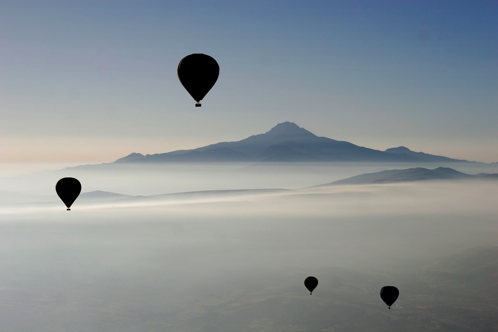 air vehicle, nature, 1080P, mountain, scenics - nature, mist, sky, balloon, tranquil scene, transportation, photography, adventure, silhouette, mid-air, HD Wallpaper