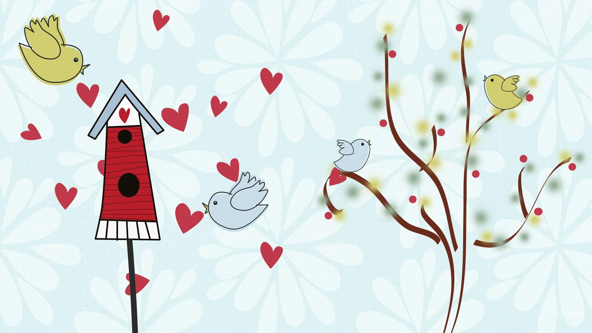 trees, hearts, four, little, firefox persona, cute, bird house, birds, abstract, 1080P, flowers, animals, HD Wallpaper