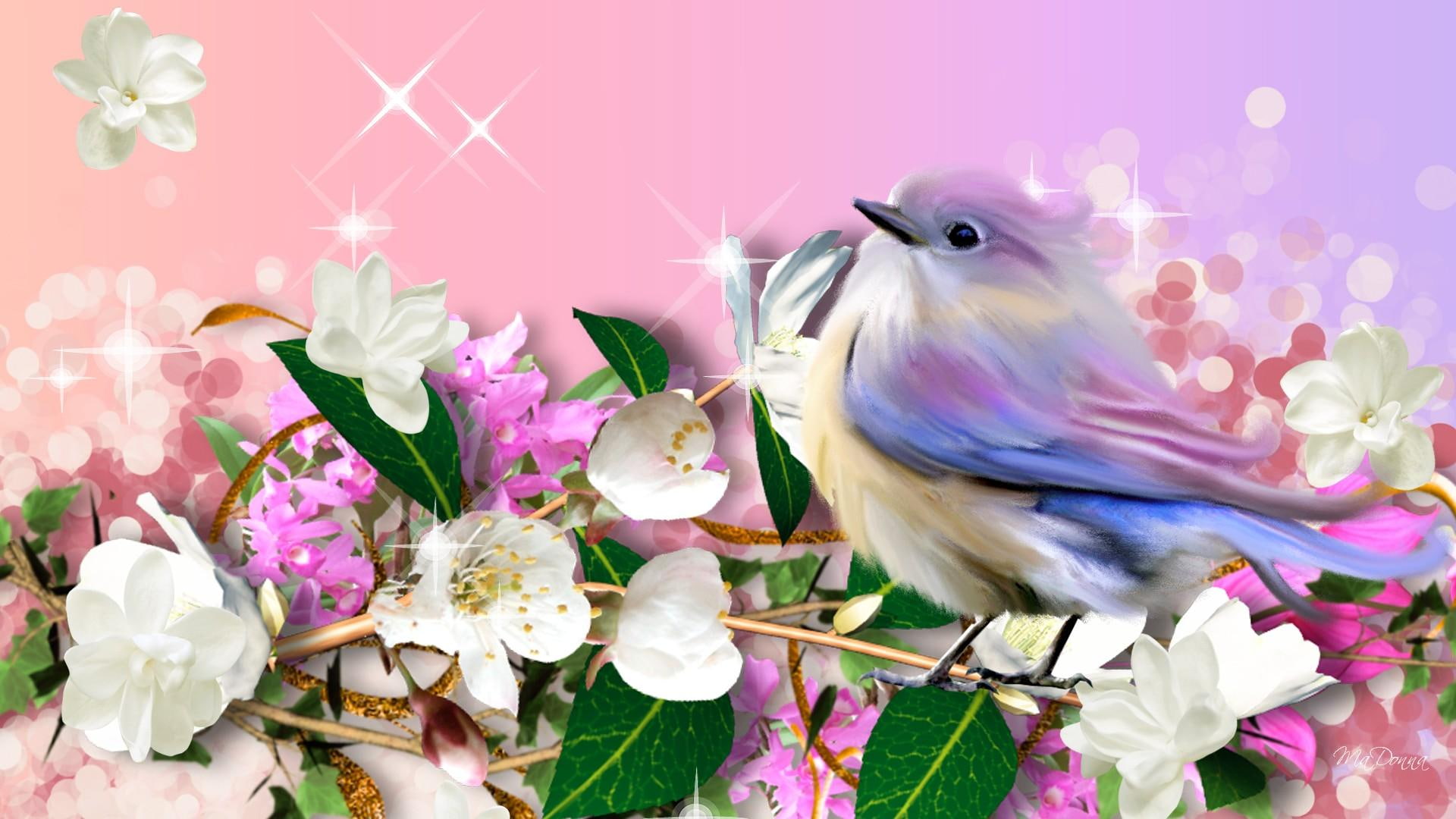 lilac, little, bird, told, feminine, cherry blossoms, ribbons, spring, 1080P, sakura, purple, apple blossoms, sweet, stars, HD Wallpaper