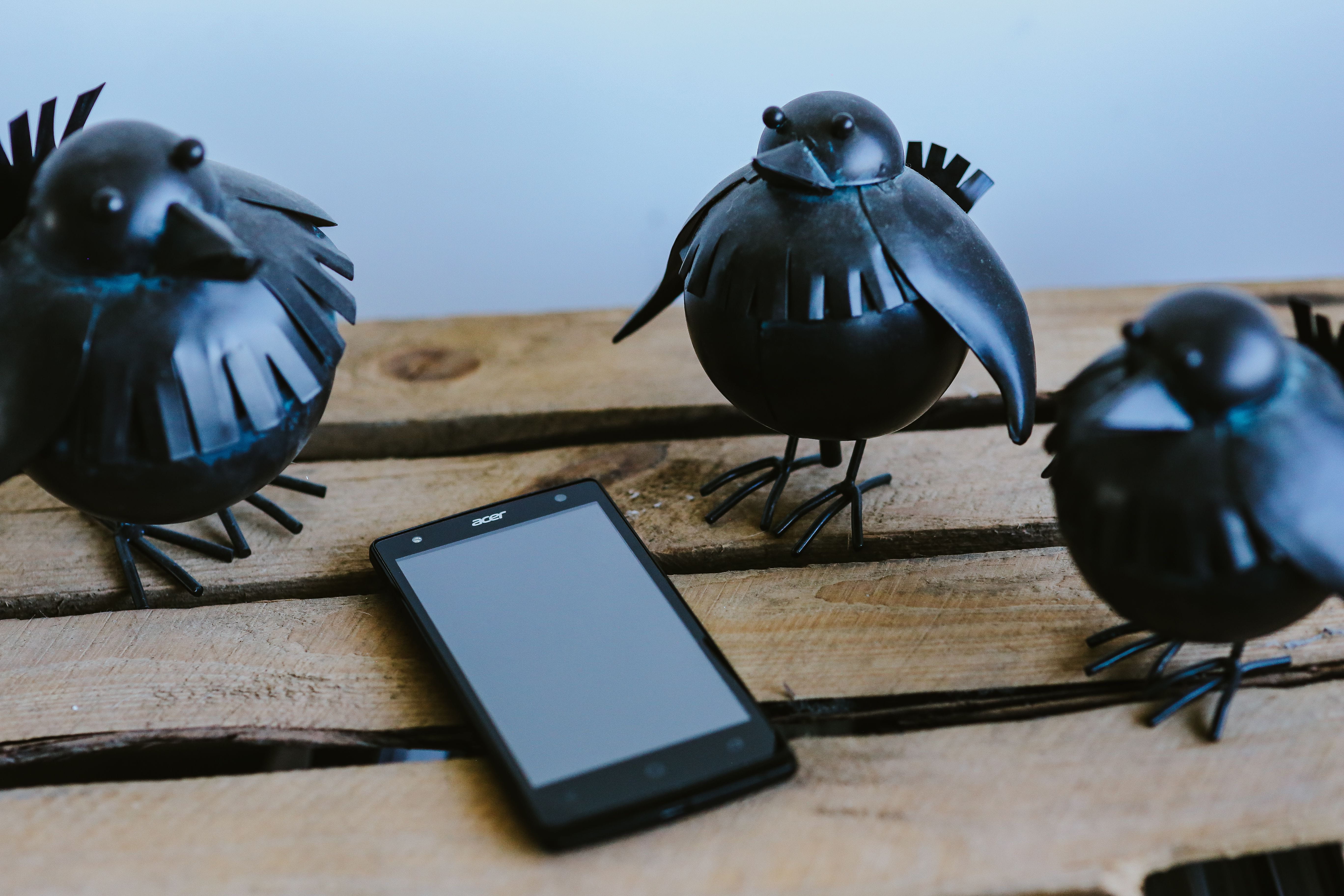 mobile, communication, birds, vertebrate, bird, three animals, blue, animal, black, close-up, technology, plastic, fake, 5K, outdoors, no people, group of objects, HD Wallpaper