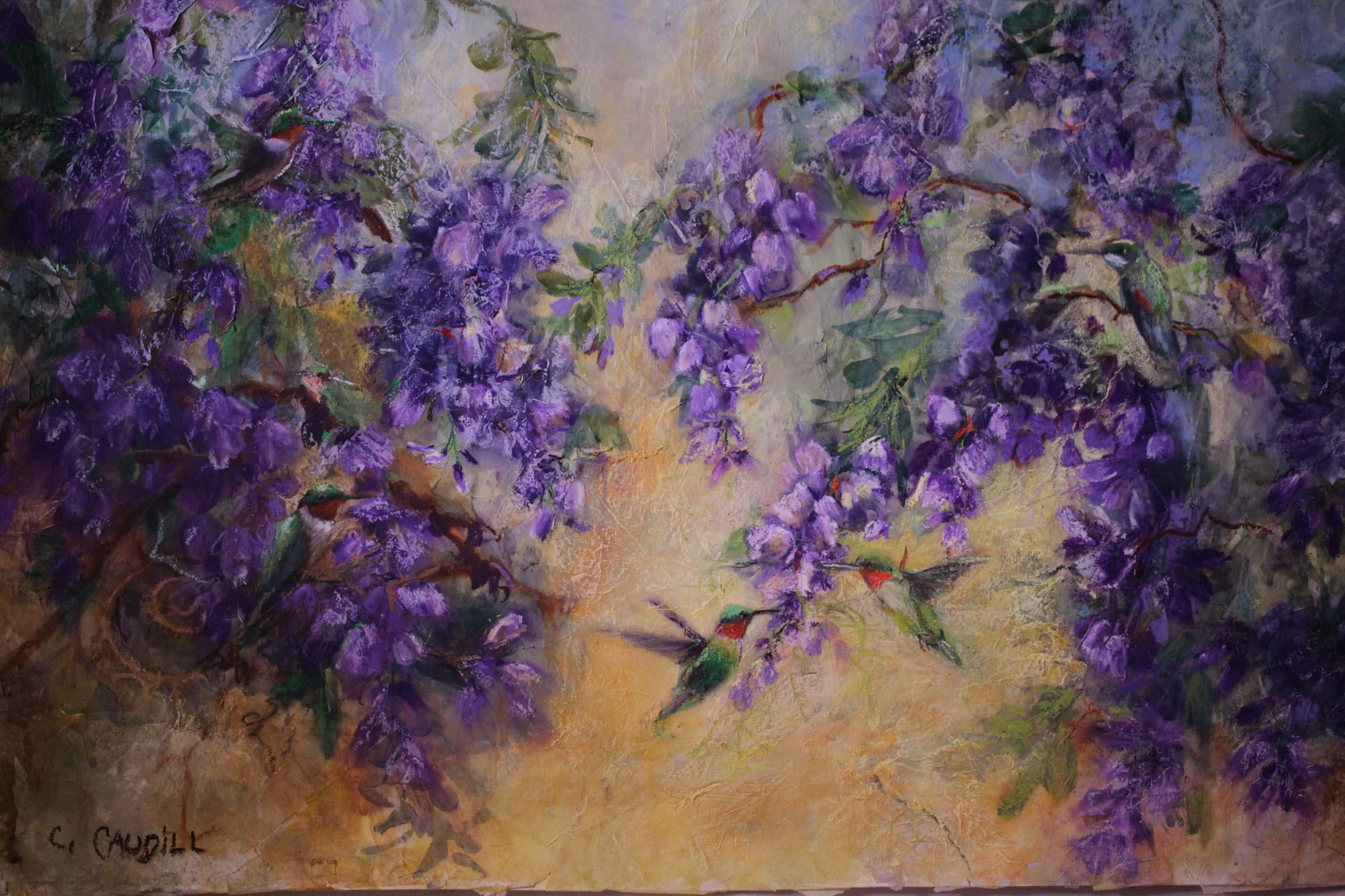 3d and abstract, hummingbird, nature, easel, artwork, 1080P, flowers, purple, HD Wallpaper