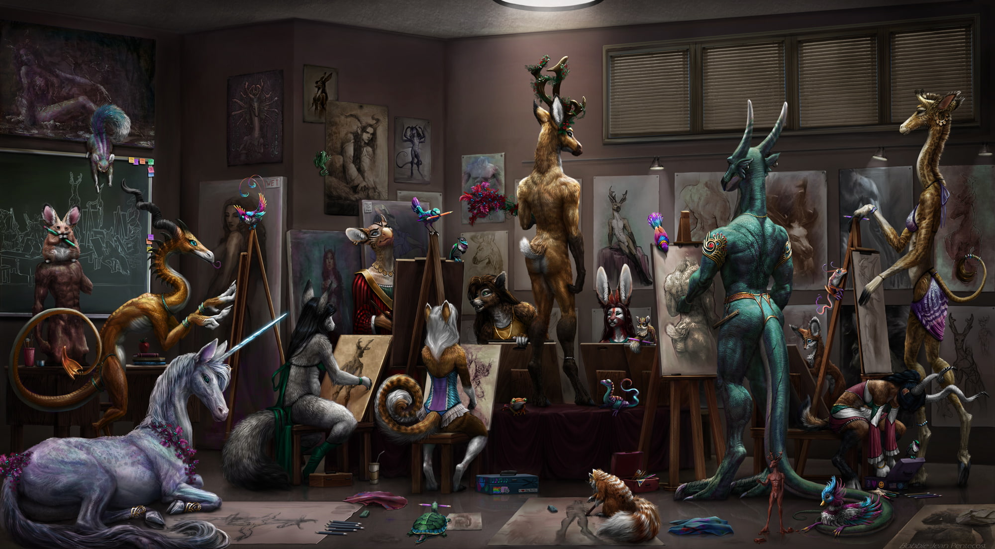 animals, sitter, magic, drawings, easel, unicorn, 1080P, deer, drawing, nature, HD Wallpaper