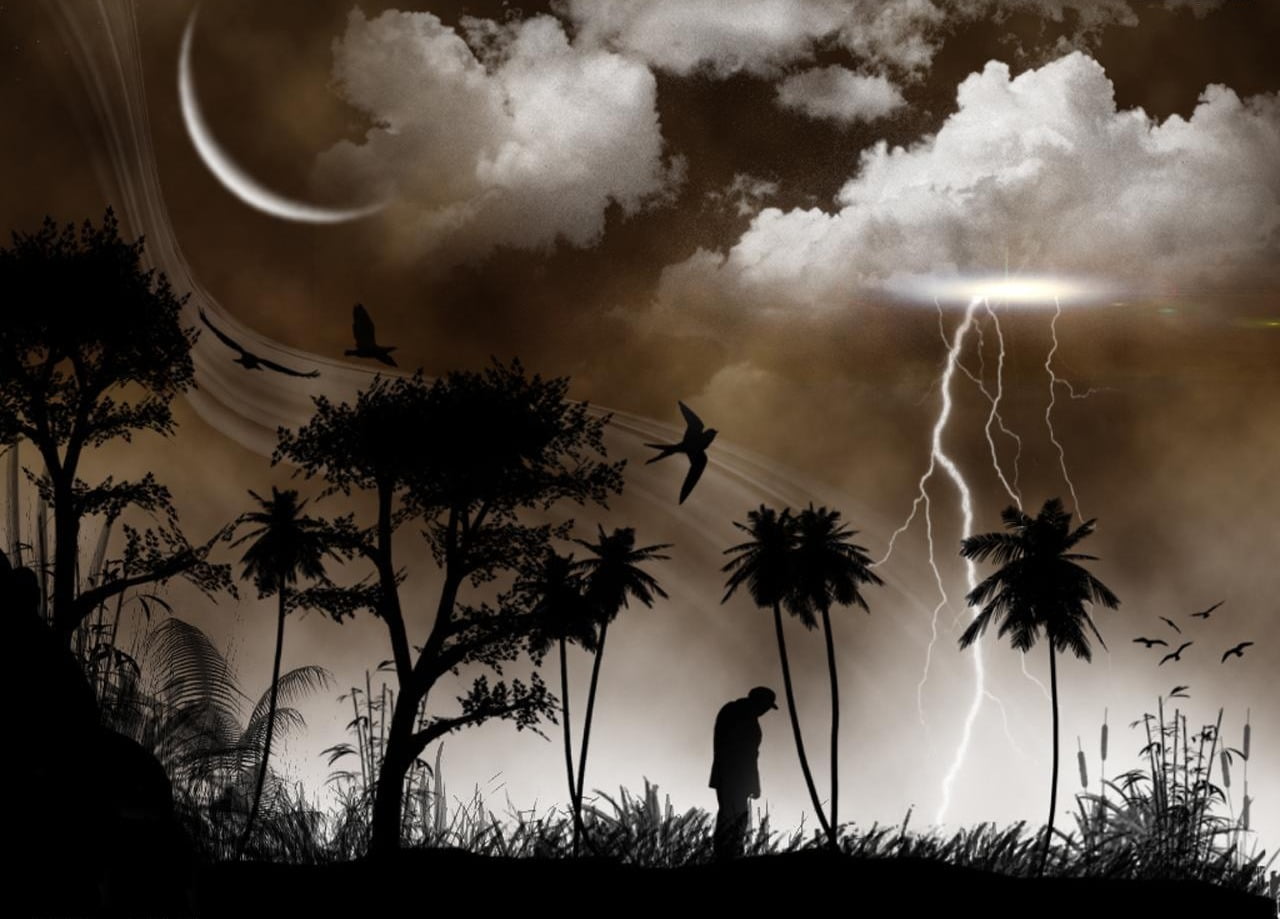 sky, standing, lightning, land, growth, cloud - sky, power in nature, no people, silhouette, nature, field, 720P, trees, alone, man, beauty in nature, HD Wallpaper