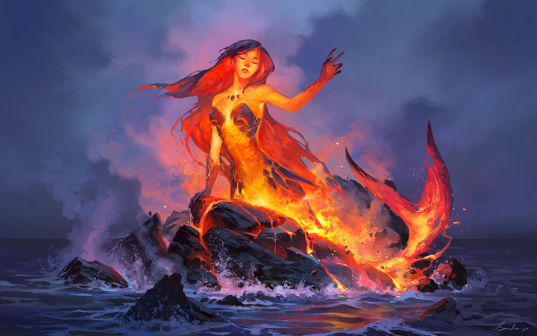 720P, sea, steam (vapor), fantasy art, digital art, mermaids, lava, rocks, HD Wallpaper