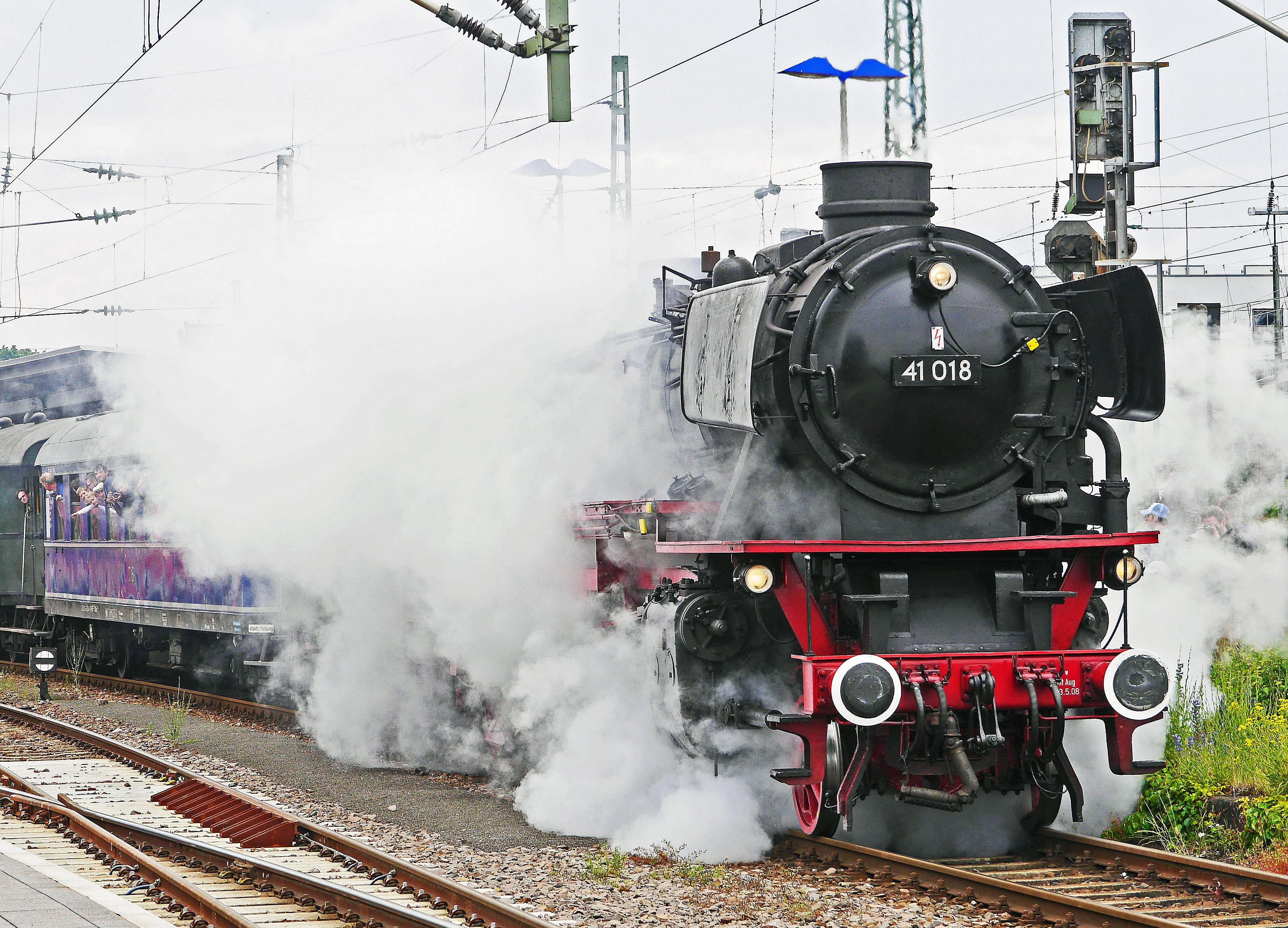 transportation, locomotive, no people, red, steam cloud, rail transportation, railway station, day, departure, freaks, land vehicle, br042, outdoors, motion, HD Wallpaper
