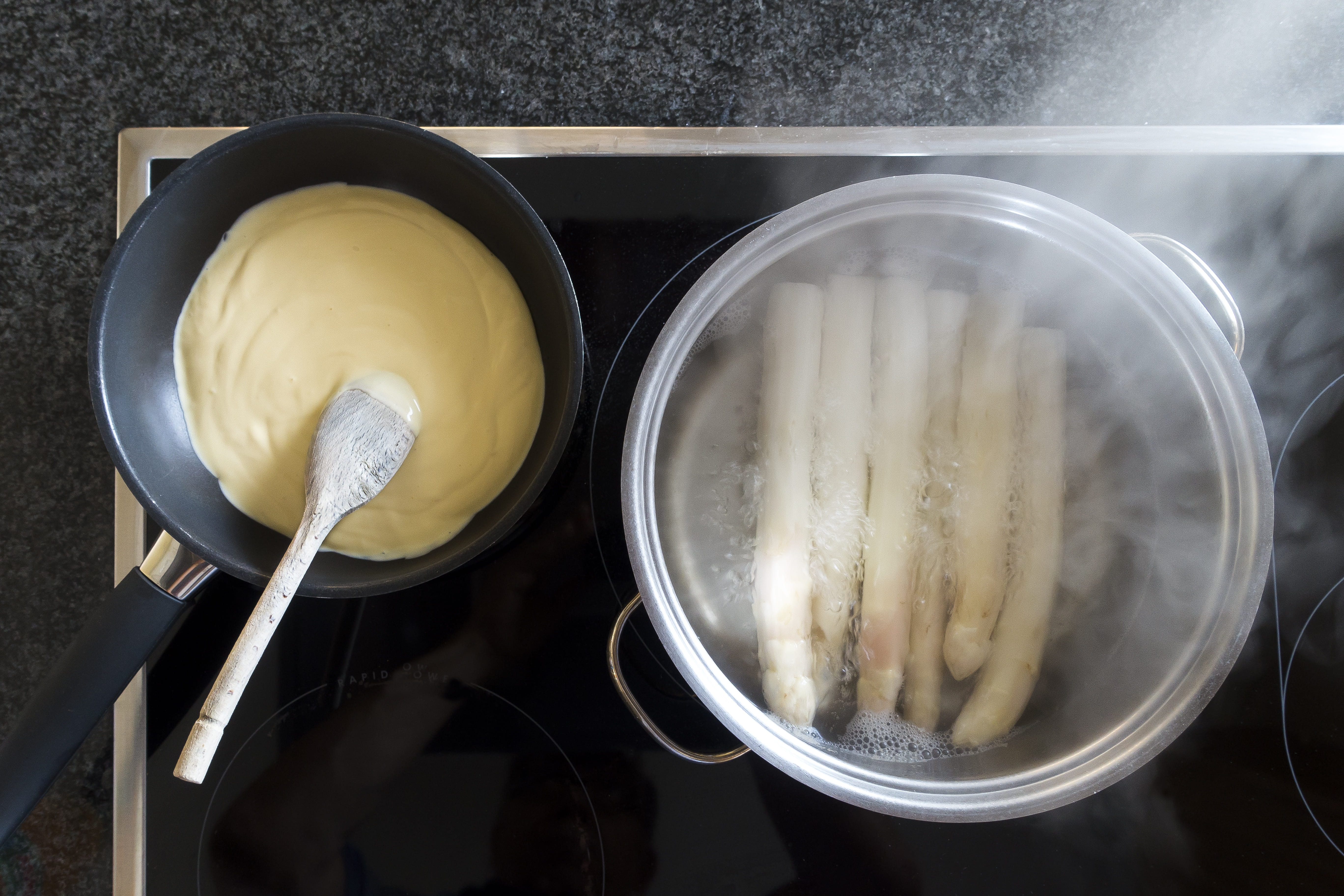 no people, still life, indoors, preparation, kitchen, hollandaise sauce, bowl, 5K, close-up, water vapor, pan, food, healthy eating, cooking pan, healthy, HD Wallpaper