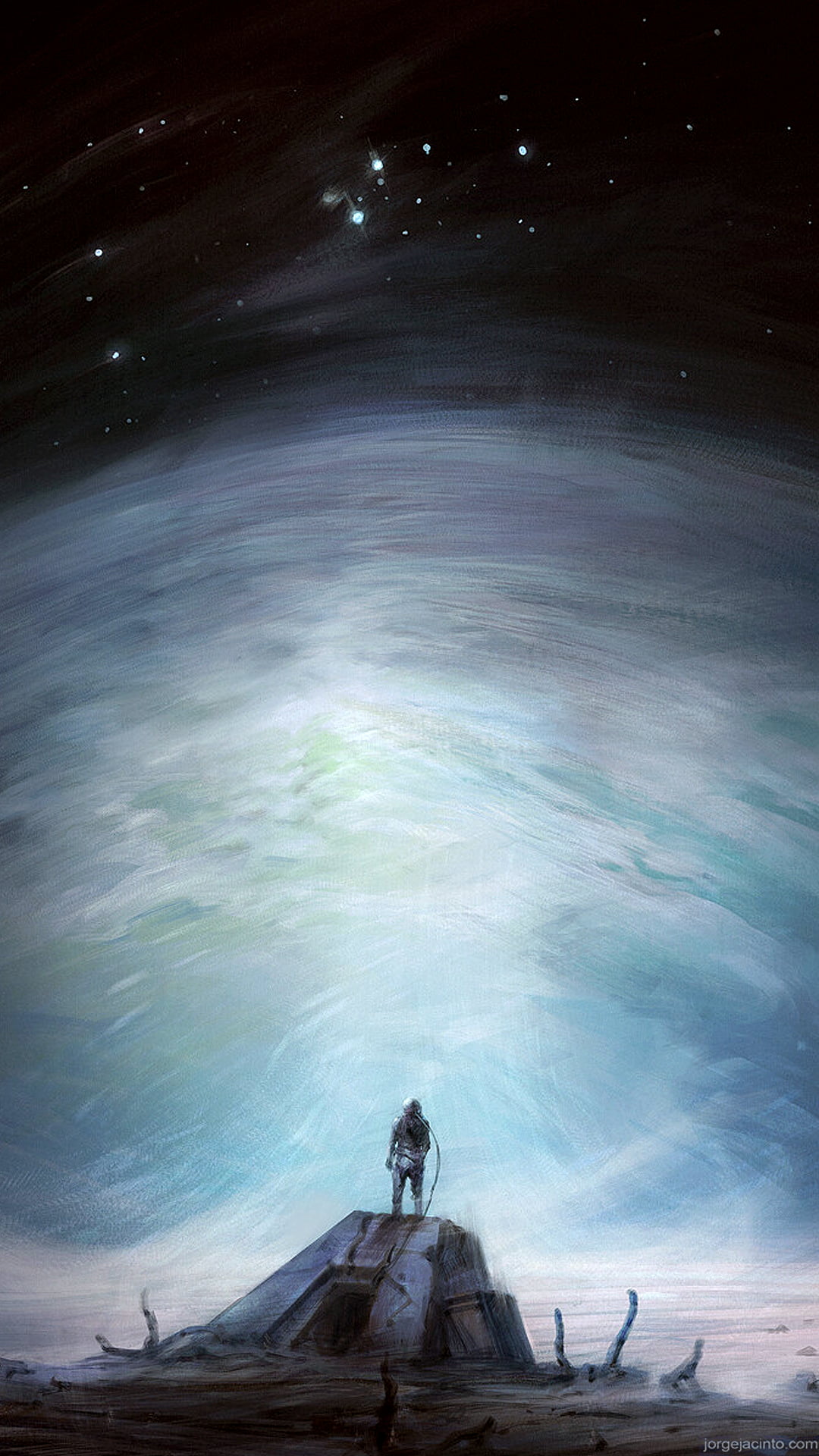 alone, 1080P, fantasy art, science fiction, stars, Jorge Jacinto, artwork, phone, standing, digital art, astronaut, space, planet, Phone HD Wallpaper