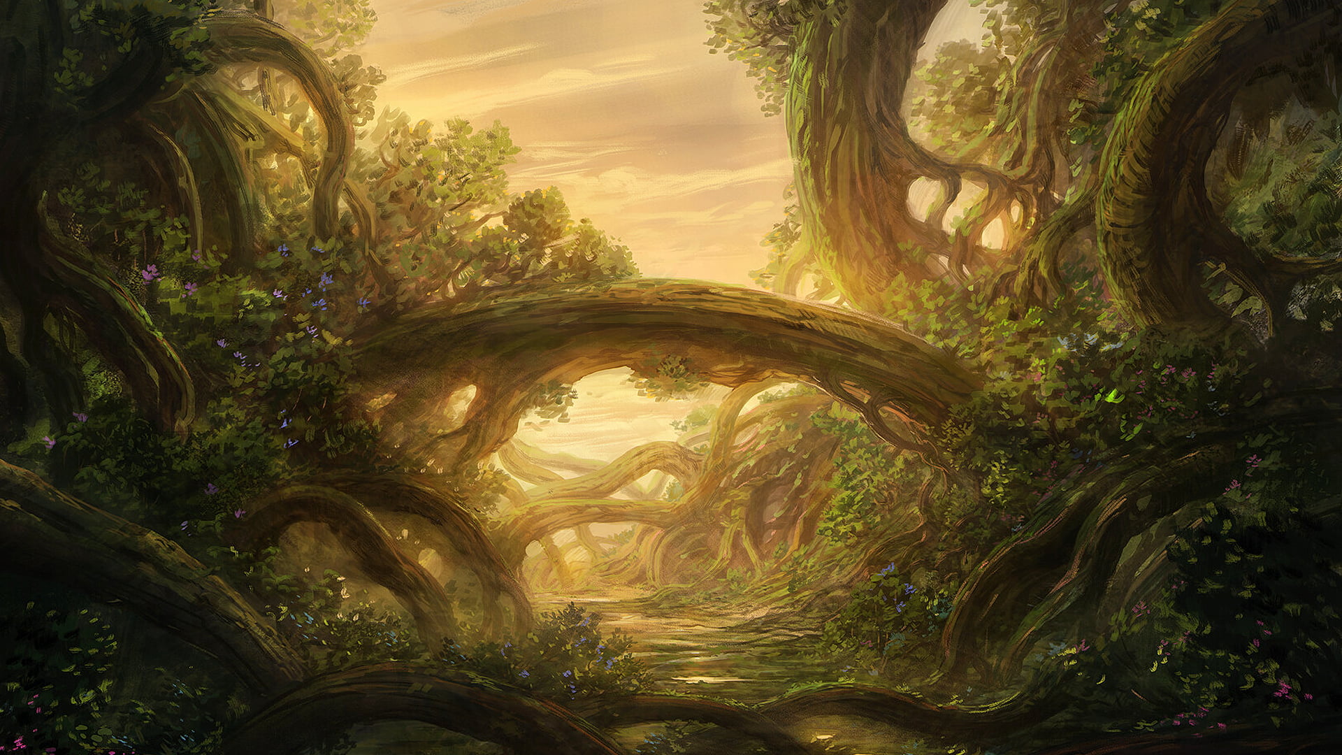 fantasy art, artwork, trees, tree trunk, digital art, wood, roots, Jorge Jacinto, sunset, plants, 1080P, forest, landscape, HD Wallpaper